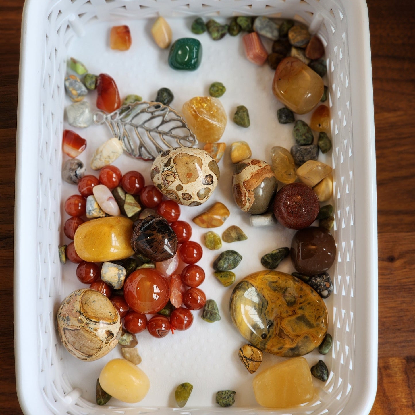 Autumn Harvest Crystal Confetti Mix! Bracelets, worry stones, acorns, hand carved leaves, leaf charms, beads, and large tumbles!