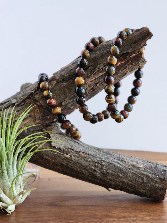 Mixed Tiger Eye Bracelet: Red, Blue & Yellow 8MM Crystal Beads