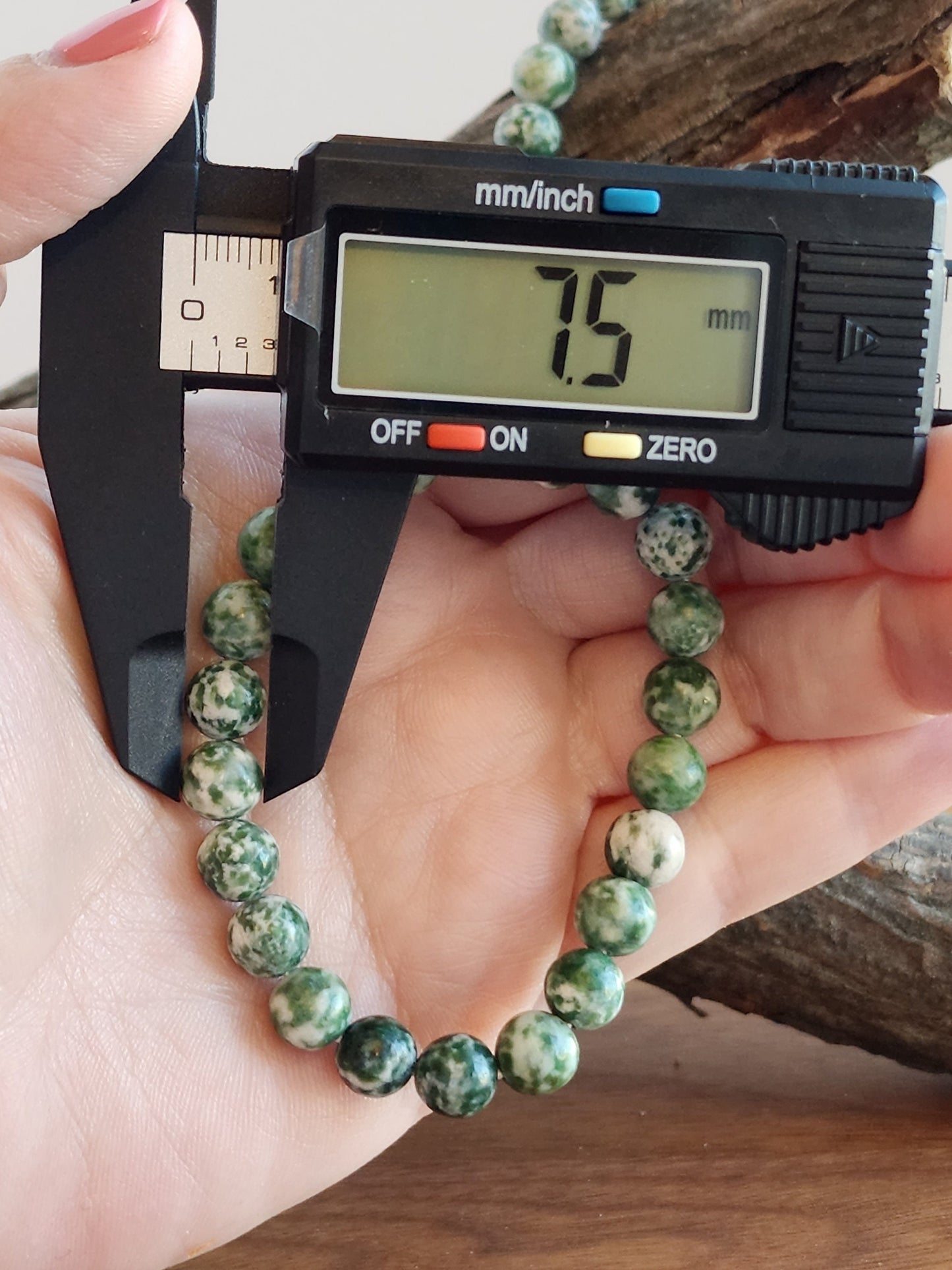 Tree Agate Bracelet | 7.5 MM Crystal Beads | Green Spotted | China Jade | Like a winter forest covered in snow for the holidays