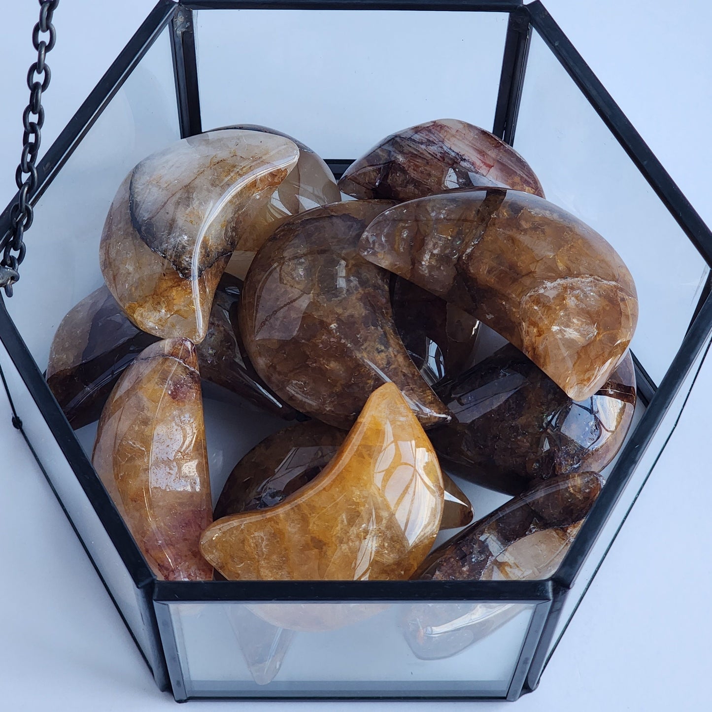 Golden Healer Moon Carving | Large Crystal Moons with Golder Healer Strands, Clear Quartz, And some smokey inclusions | Intutively Chosen