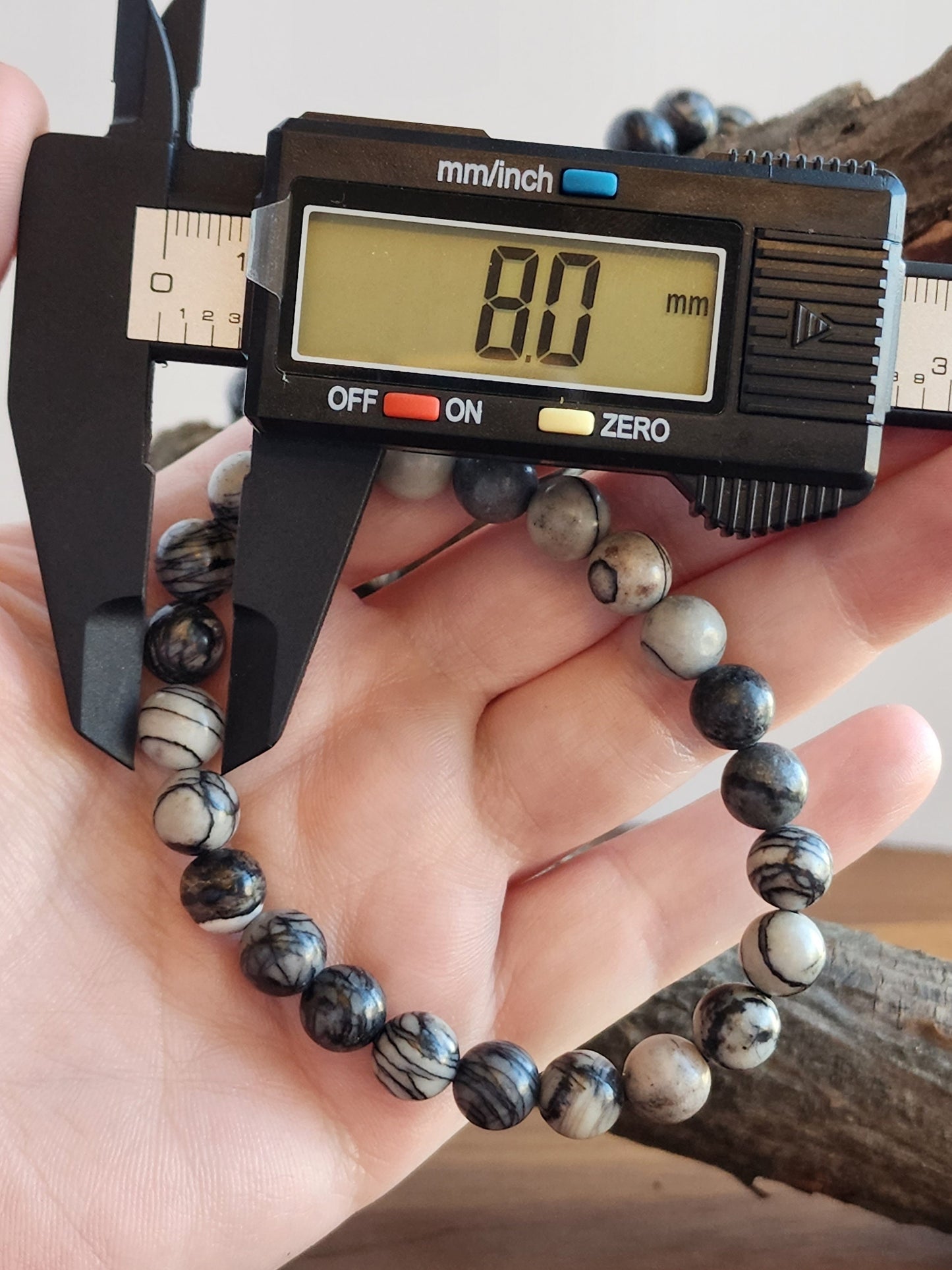 Spider Web Jasper | 8MM Crystal Bracelet | Black Veins and Webs in White Matrix | Black Network | Halloween Spooky Confetti Mix Add On