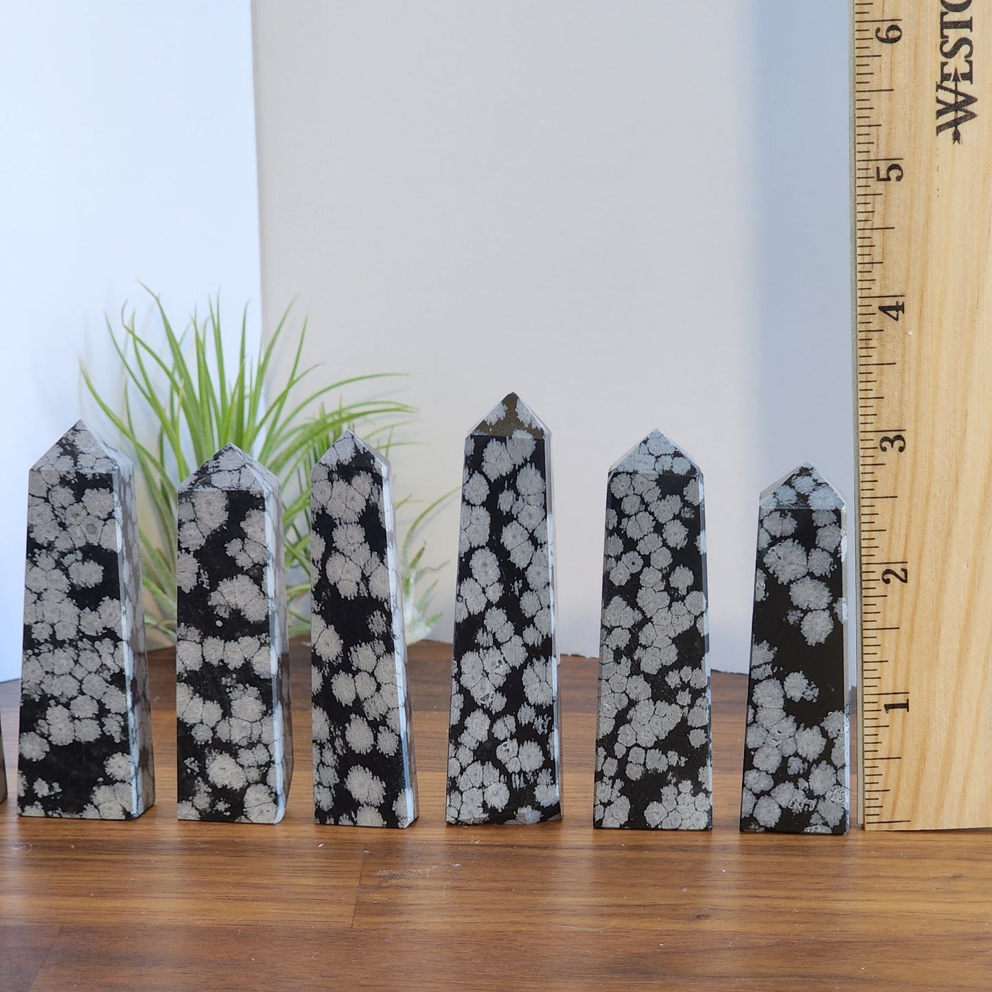 Snowflake Obsidian Tower: Small Black Crystal - White Flower Details