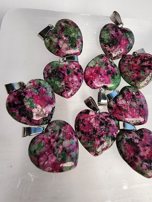 Ruby in Zoisite Heart Pendant, Crystal Necklace Charm (Green Pink Stone)