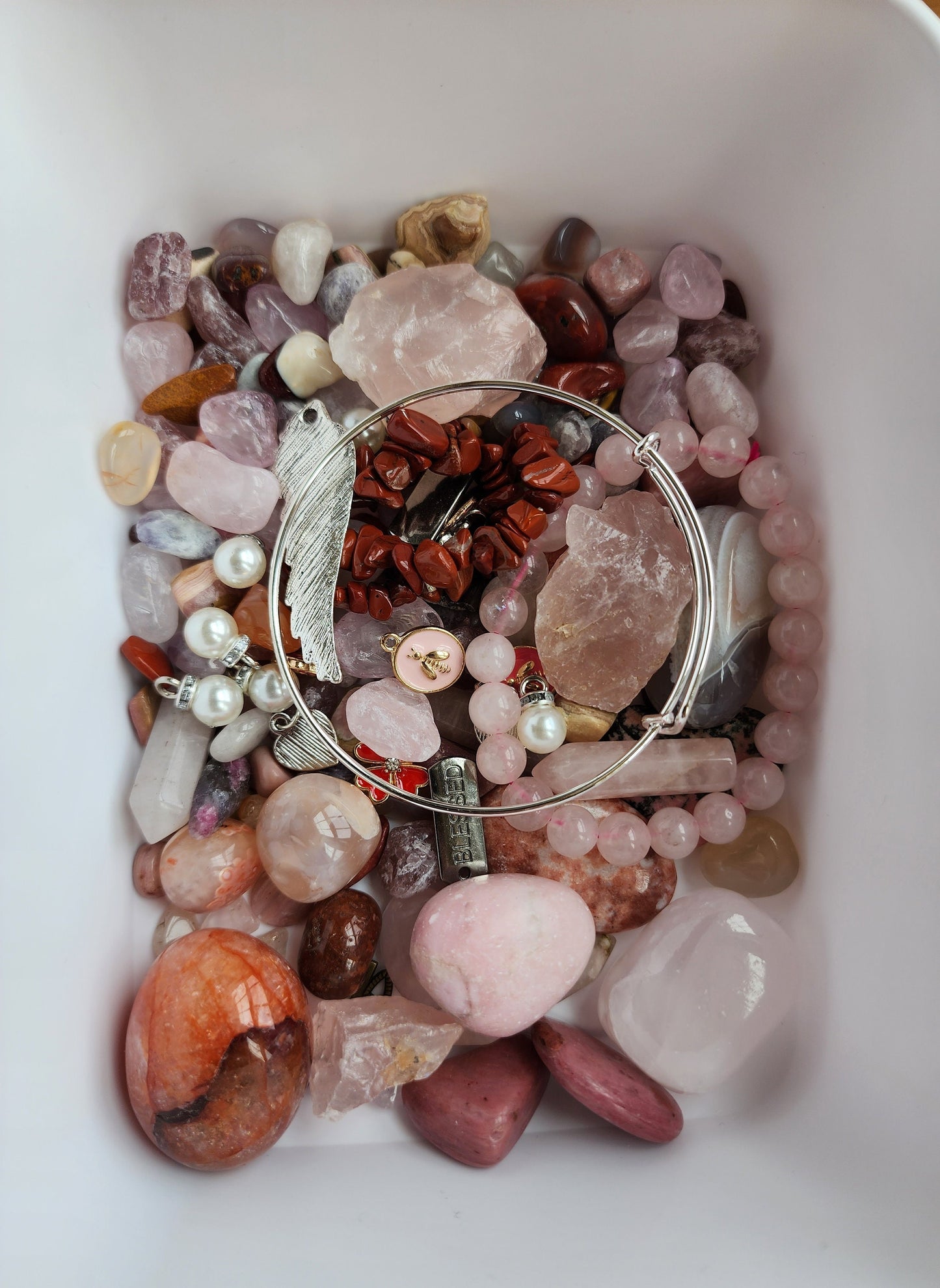 Pink Crystal Confetti Mix: Rose Quartz, Worry Stones & Charm Bracelet