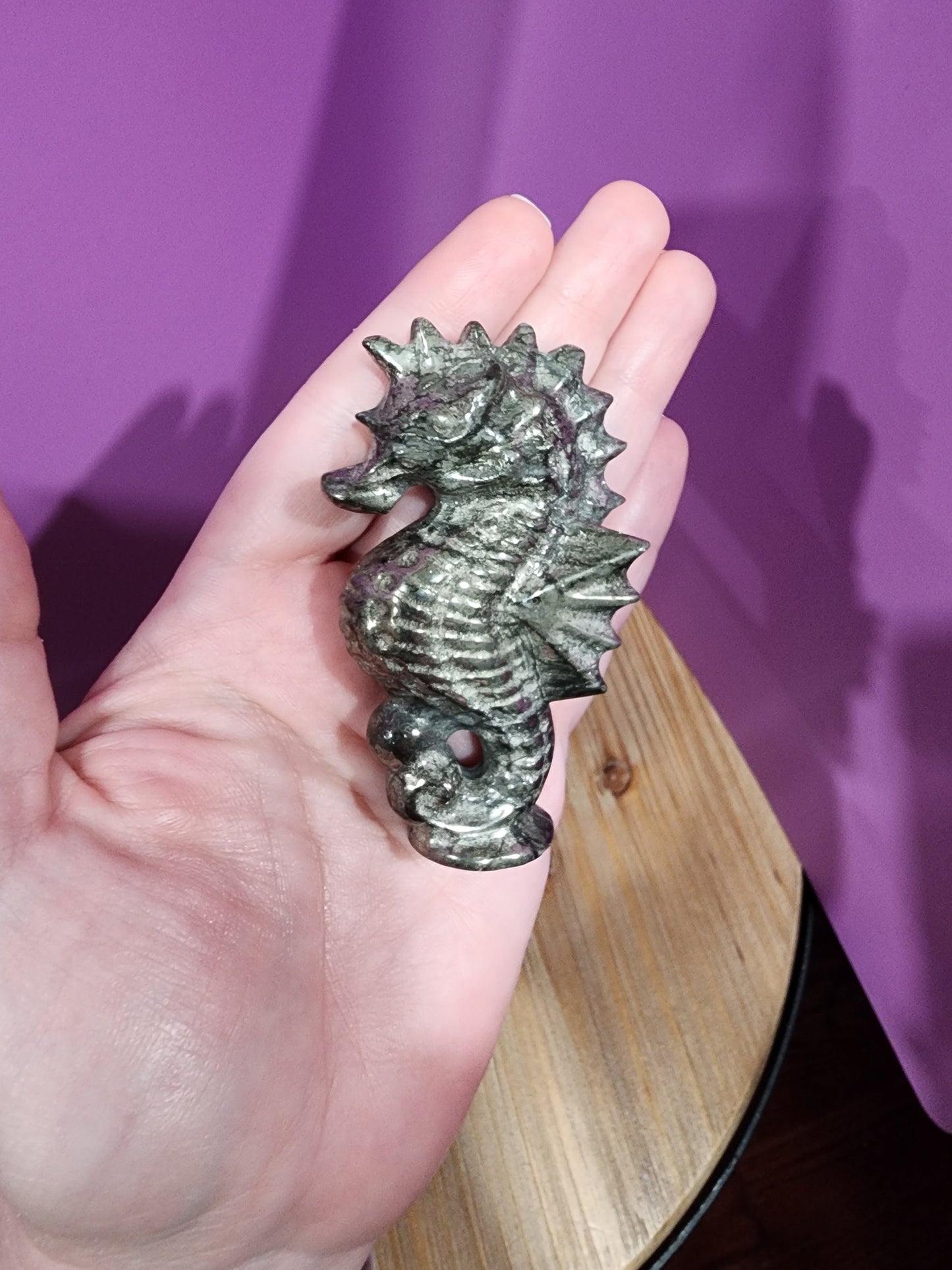 Seahorse Crystal Carving: Pyrite Metallic Finish - One of a Kind