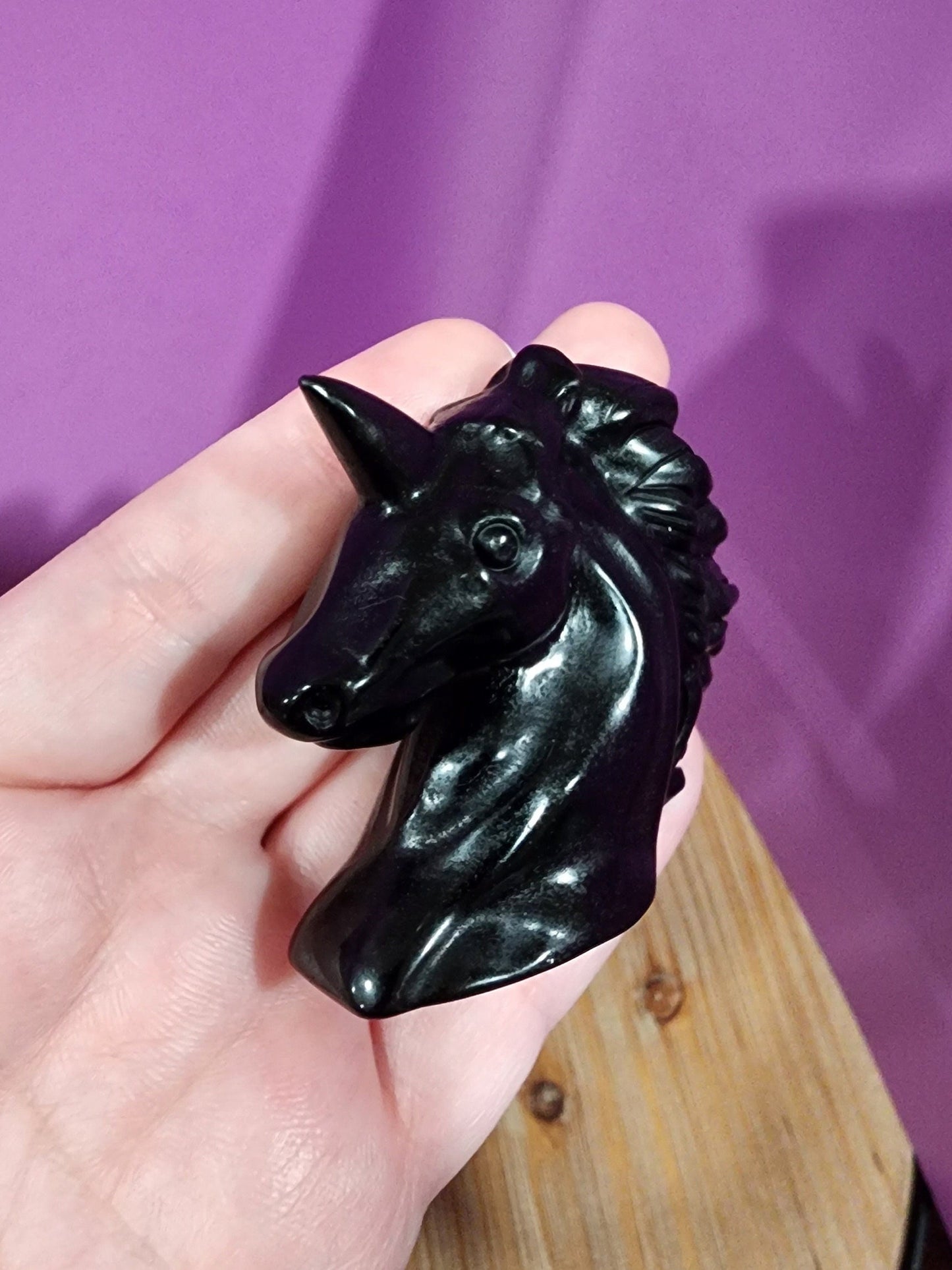 Black Obsidian Unicorn Carving: Crystal Stallion Horse Figurine
