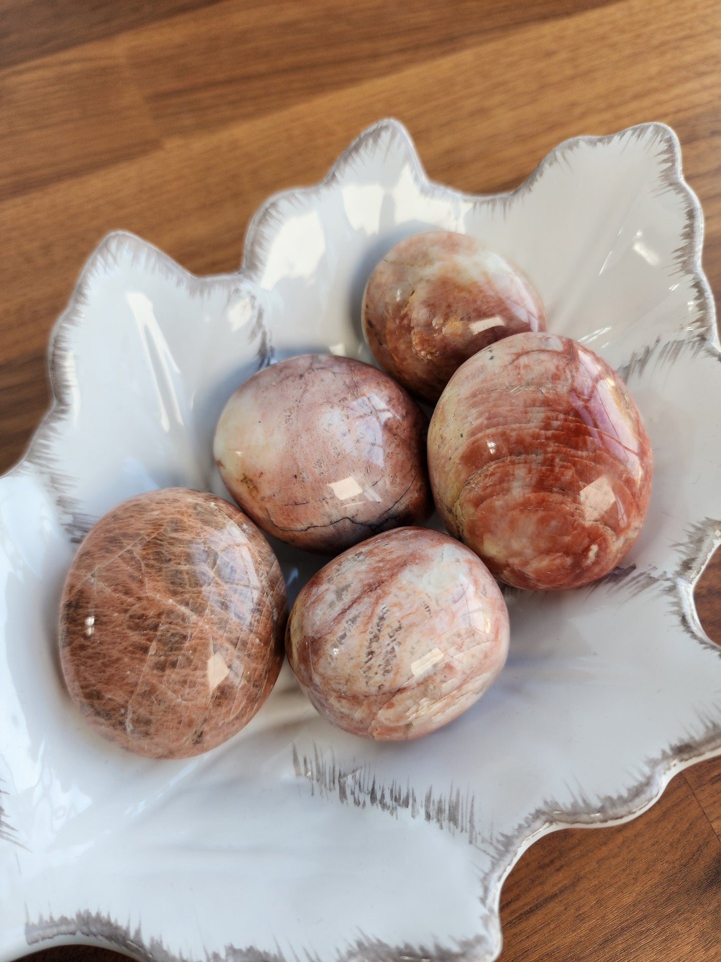Peach Moonstone Palm Stone: Pink Flashy Pocket Stone