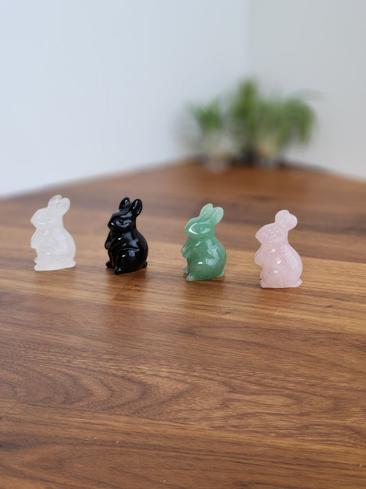 Crystal Rabbit Figurine: Sitting Bunny in Rose Quartz or Obsidian - Unique Stones