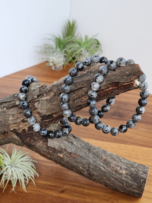 Larvikite Crystal Bracelet: 8MM Flashy Blue and Silver on Dark Gray Smooth Gemstones | Interesting and Unique Fidget Jewelry for Fathers Day