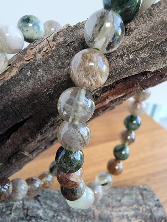 Green Routille Bracelet | 8MM Crystal Jewelry | Green & Gold Routille in Clear Quartz Matrix | Some Peachy Garden Like Inclusions | Gift