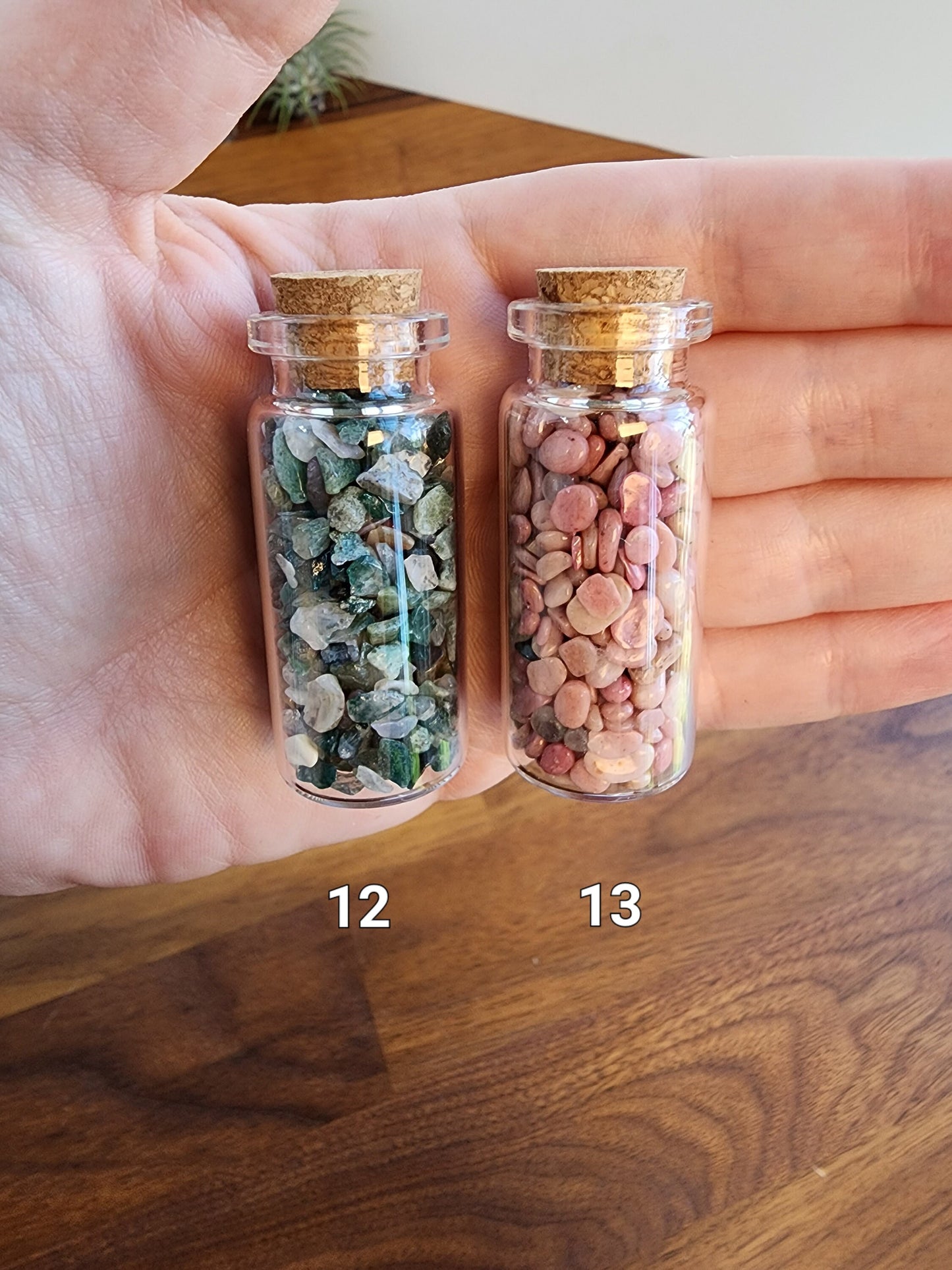 Crystal Chips Jars | Mini Bottles of Crystals | Rhodochrisite, Malachite, Kunzite, Moonstone, Obsidian, Mookite, Amethyst, Lapis, Red Agate