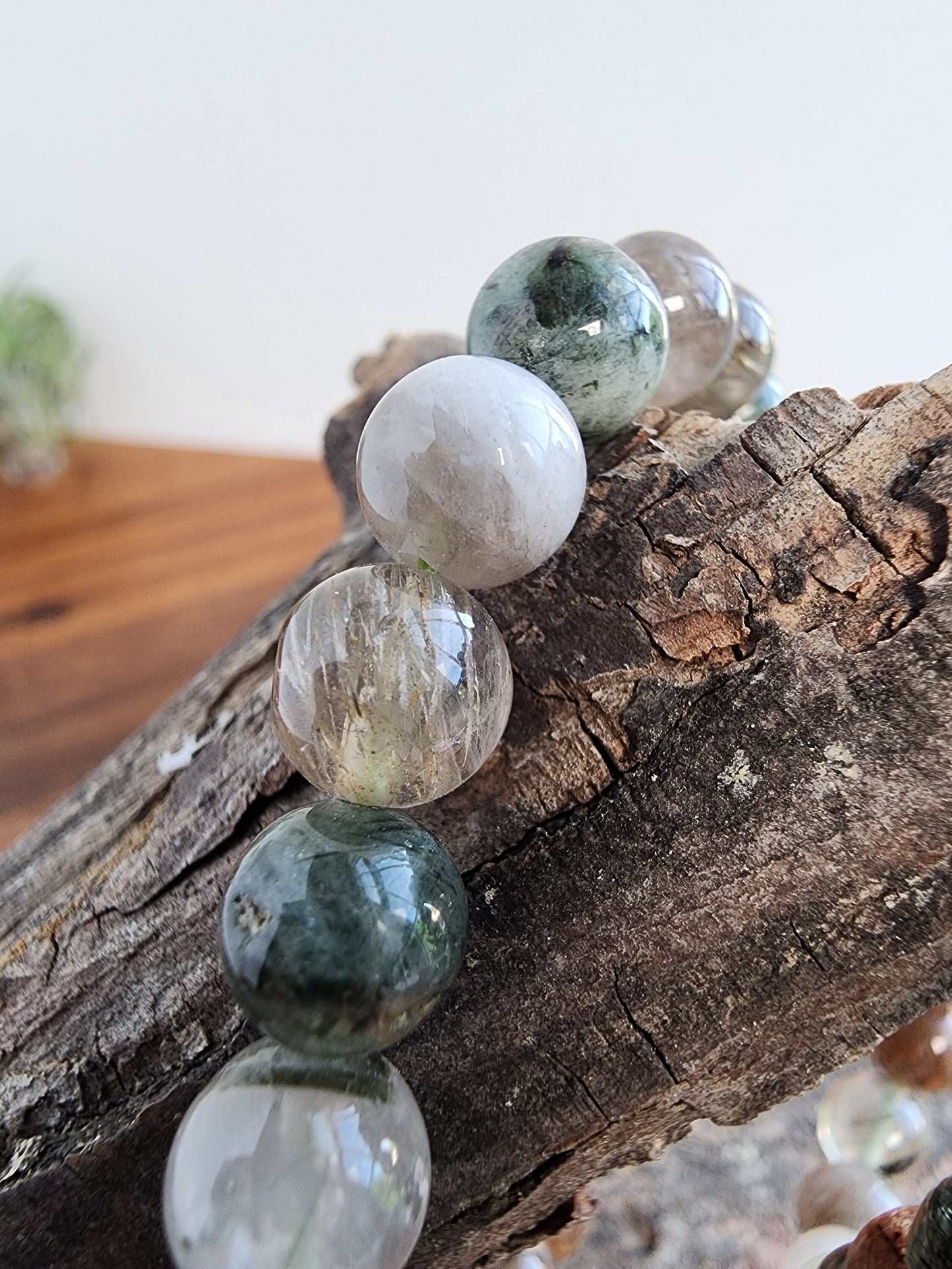 Green Routille Bracelet | 8MM Crystal Jewelry | Green & Gold Routille in Clear Quartz Matrix | Some Peachy Garden Like Inclusions | Gift