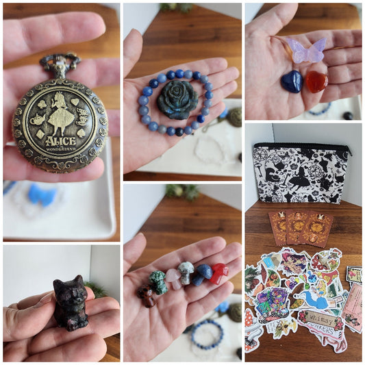 Wonderland Crystal Bundle: Cheshire Cat, Mushrooms, Tarot, Stickers