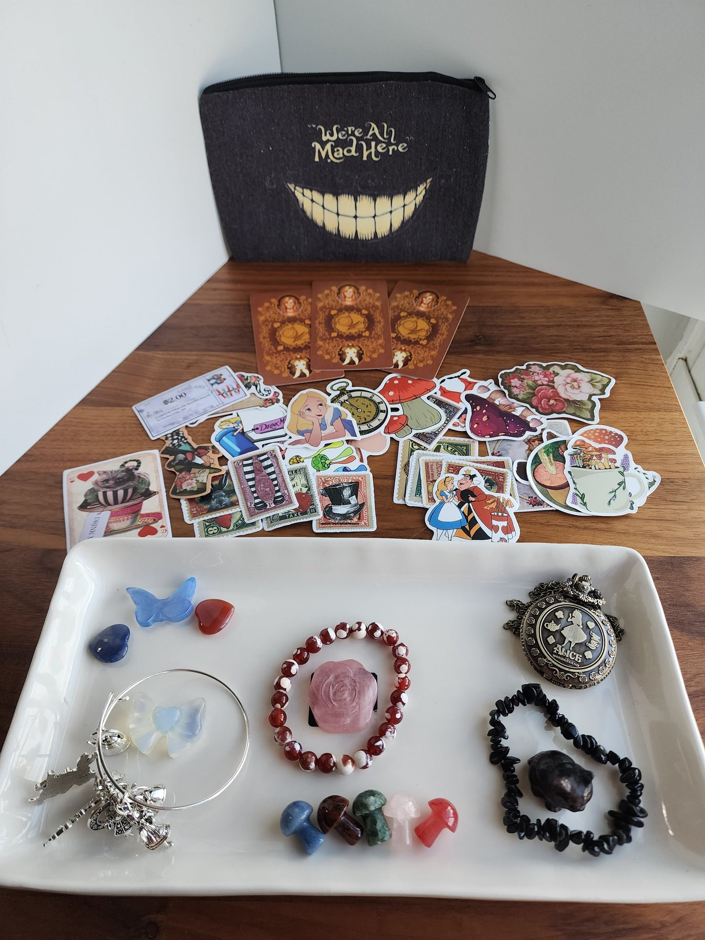Wonderland Crystal Bundle: Pocket Watch, Cheshire Cat, Tarot, Stickers