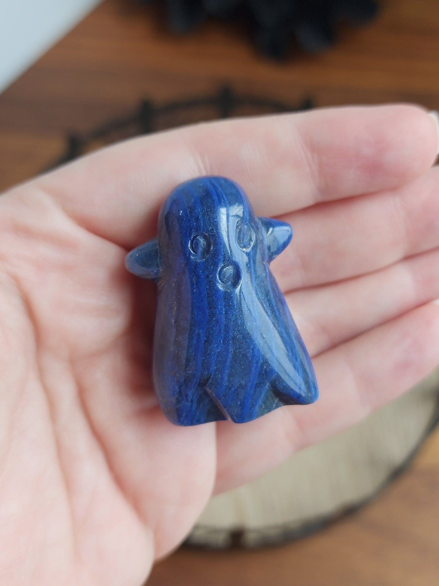 Blue Aventurine Ghost Carving: Spooky Halloween Crystal with Clear Quartz