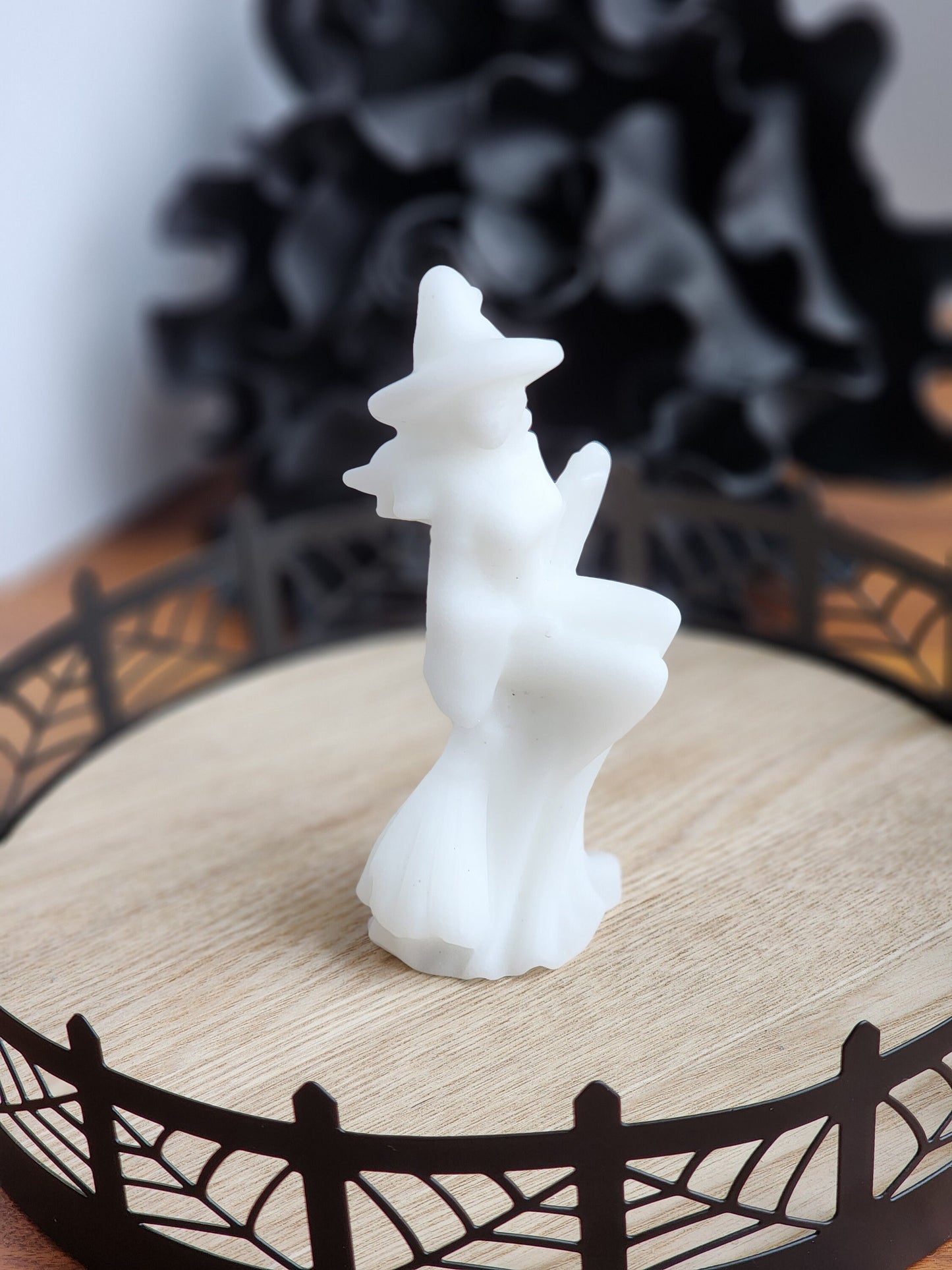 White Jade Witch | 4.5" Tall Crystal | Witchy Vibes | Halloween Carving | Witch with Hat on Broom | 3D Carving | Only ONE
