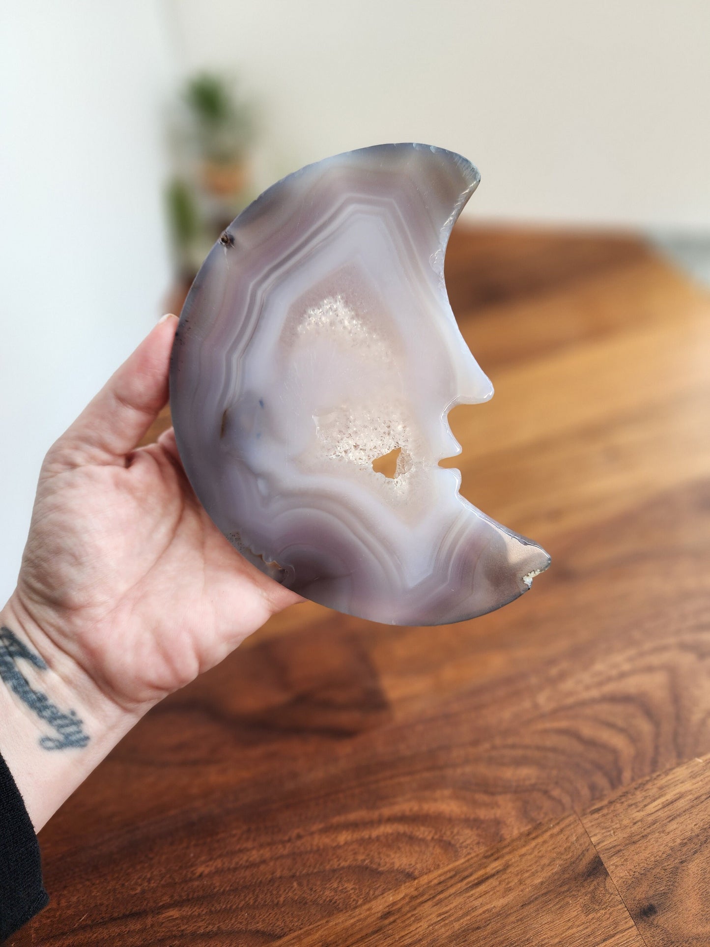 Druzy Banded Agate Moon | Large Crystal Crescent Statement Piece | Sparkly Crystal Geode | Blue, Beige | With Stand | Pop Rocks Decor