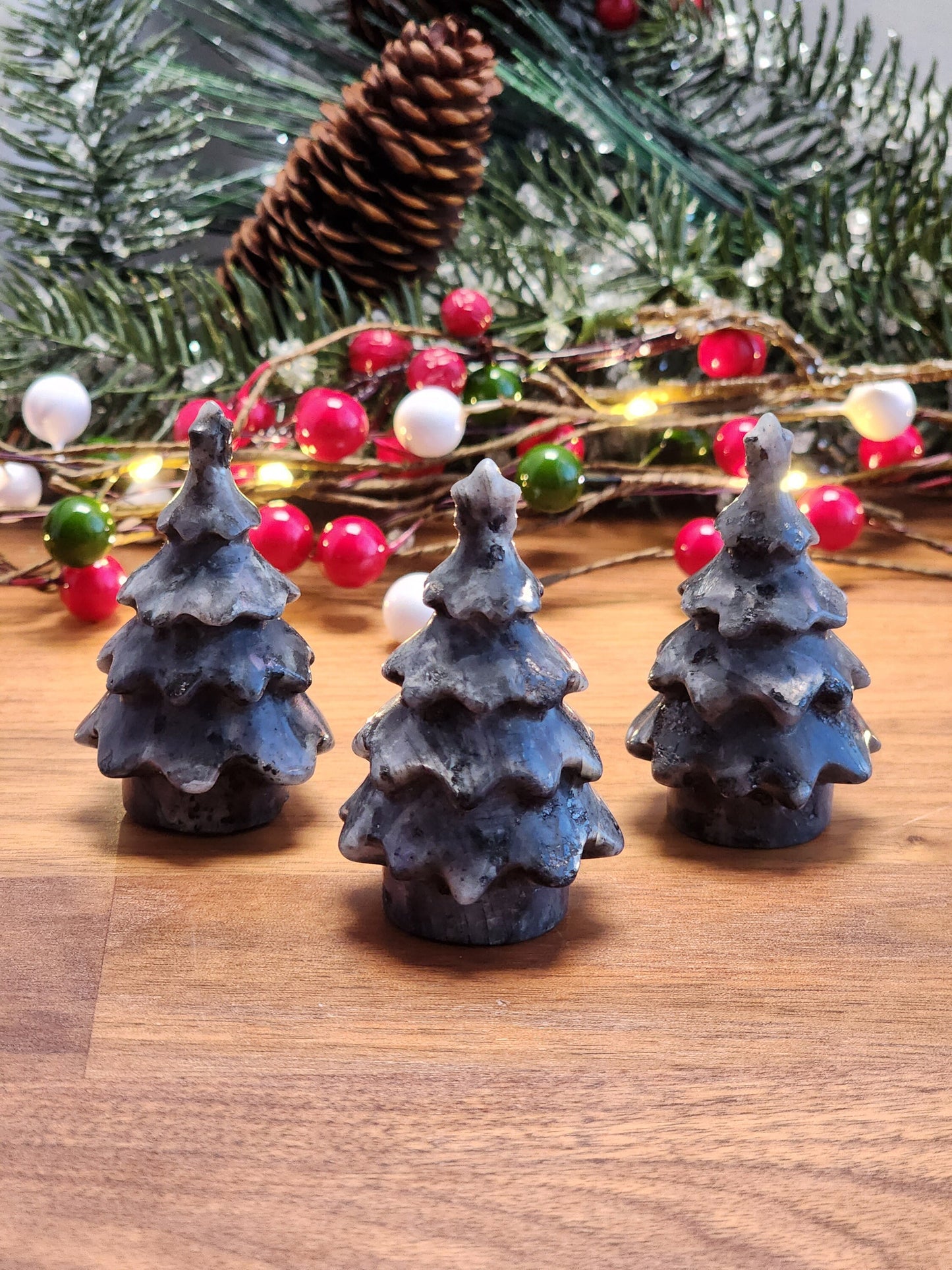 Larvakite Crystal Tree | Medium Christmas Crystals | Yule Trees | Silver Flash Holiday Decor | Winter Solstice Carving | Intuitively Chosen