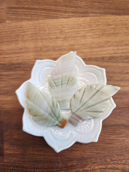 Hand Carved Pink Banded Onyx Leaf: Intuitively Chosen Crystal