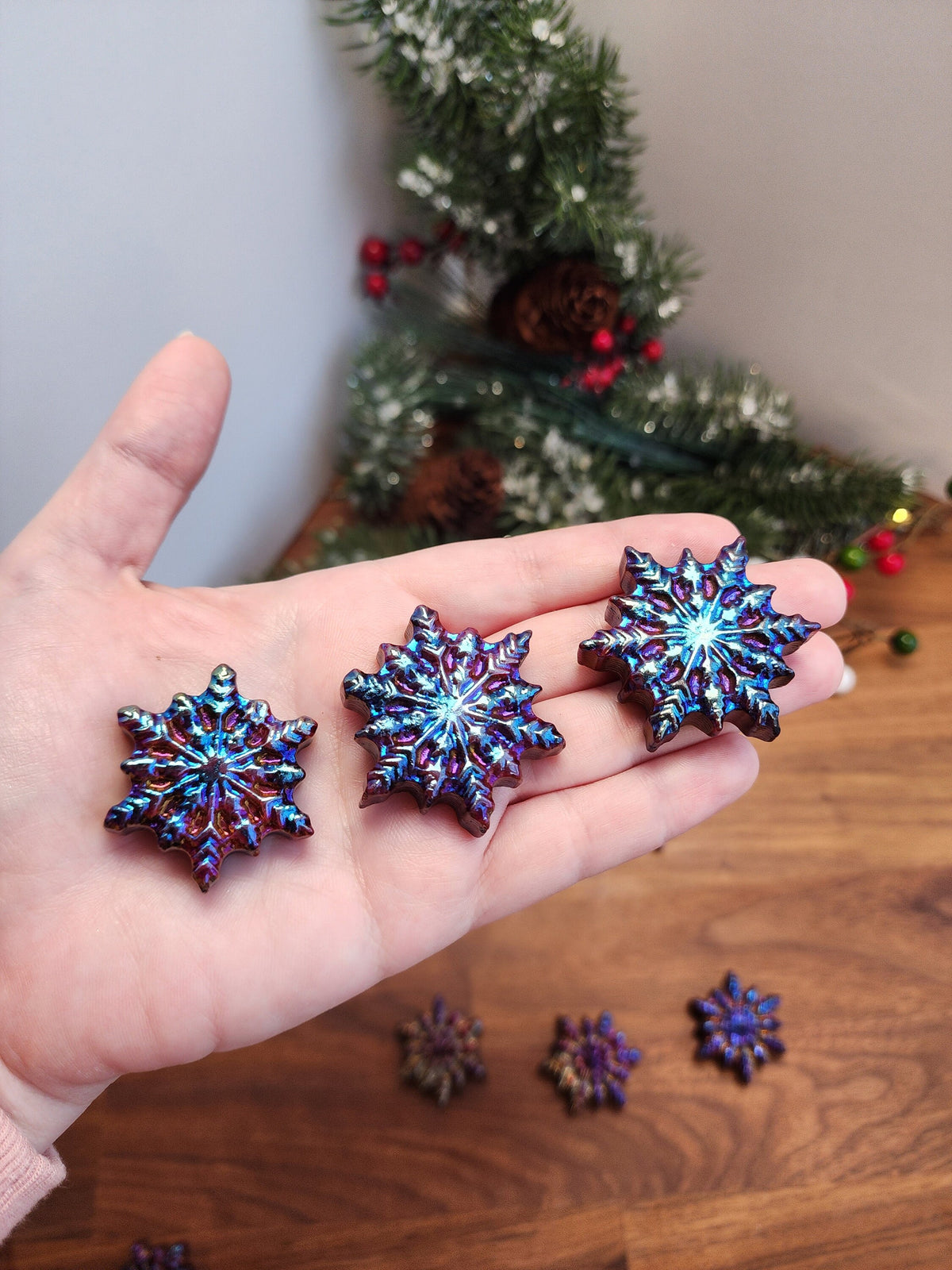 Aura Coated Mahogany Jasper Snowflake Carving: Rainbow Christmas Decor