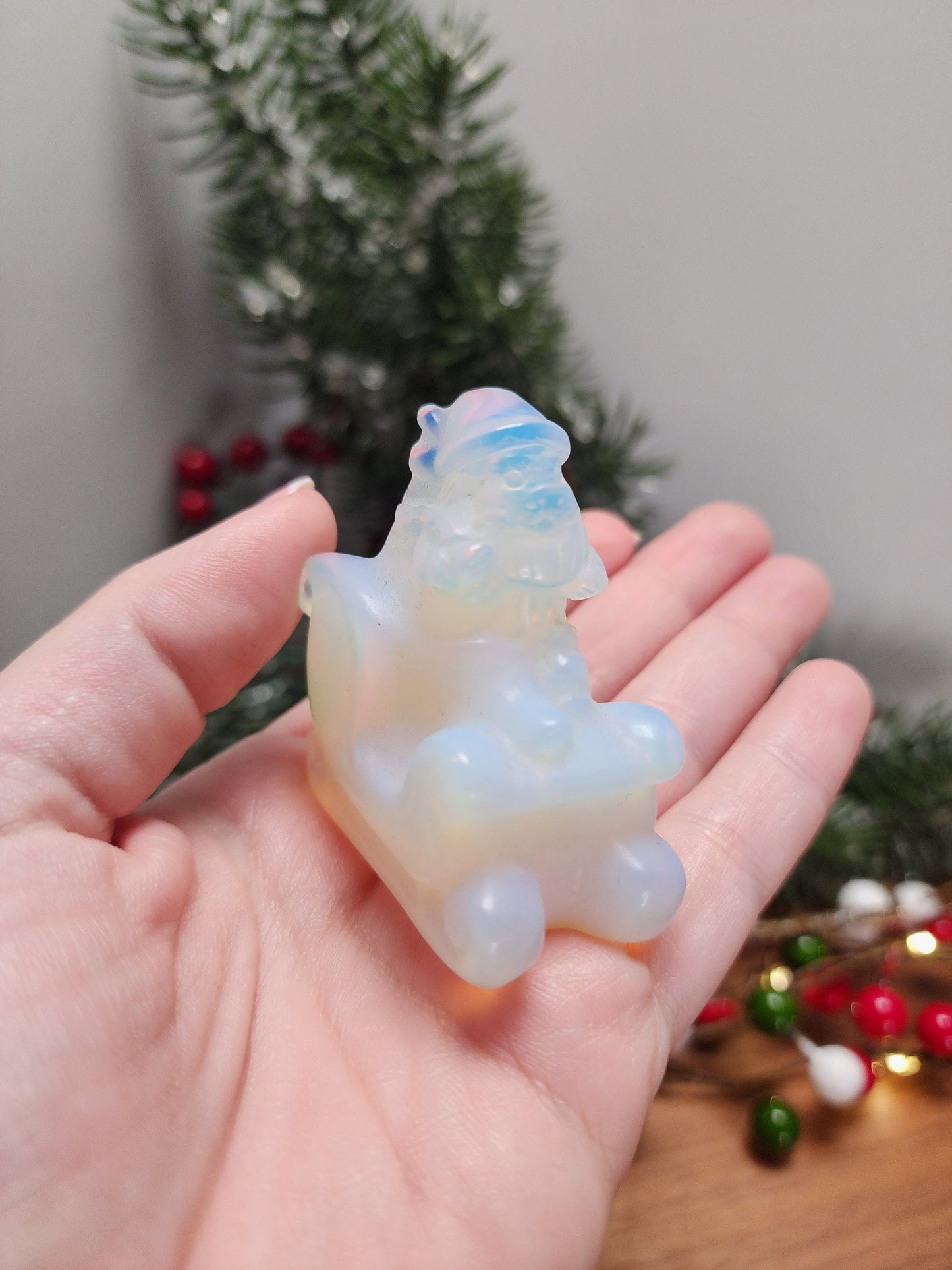 Opalite Santa Claus Figurine: Sleigh Christmas Crystal Decor