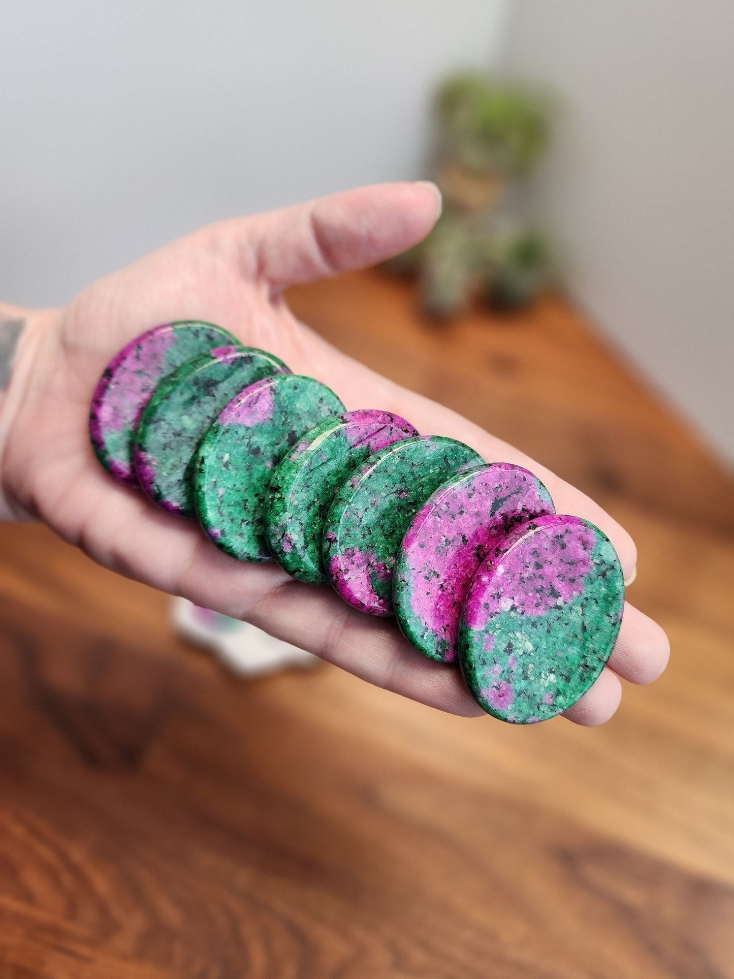 Ruby in Zoisite Worry Stone - Bright Green Crystal with Pink UV reaction and Blacklight Glow, Dye Enhanced Quartzite