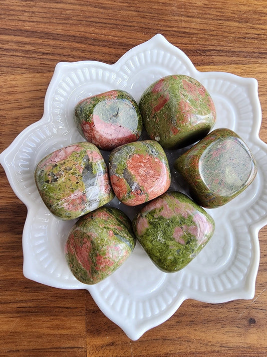 Unakite Tumbles | Medium | Autumn Harvest Crystal Confetti Add On | Olive Green and Peach Red Crystals | Grounding | Intuitively Chosen