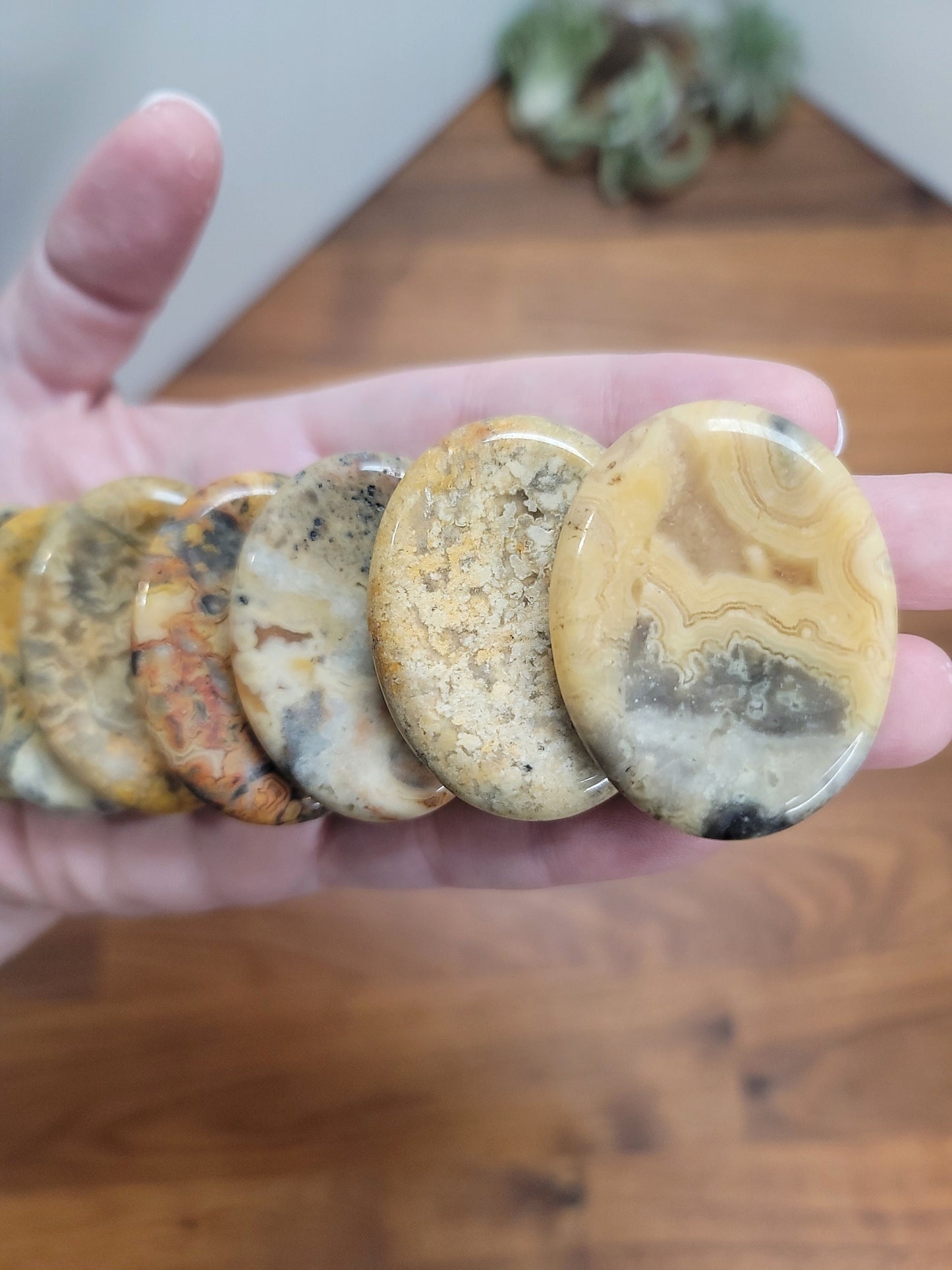 Yellow Crazy Lace Worry Stone: Marbled Pocket Crystal, ADHD Fidget (1.77")