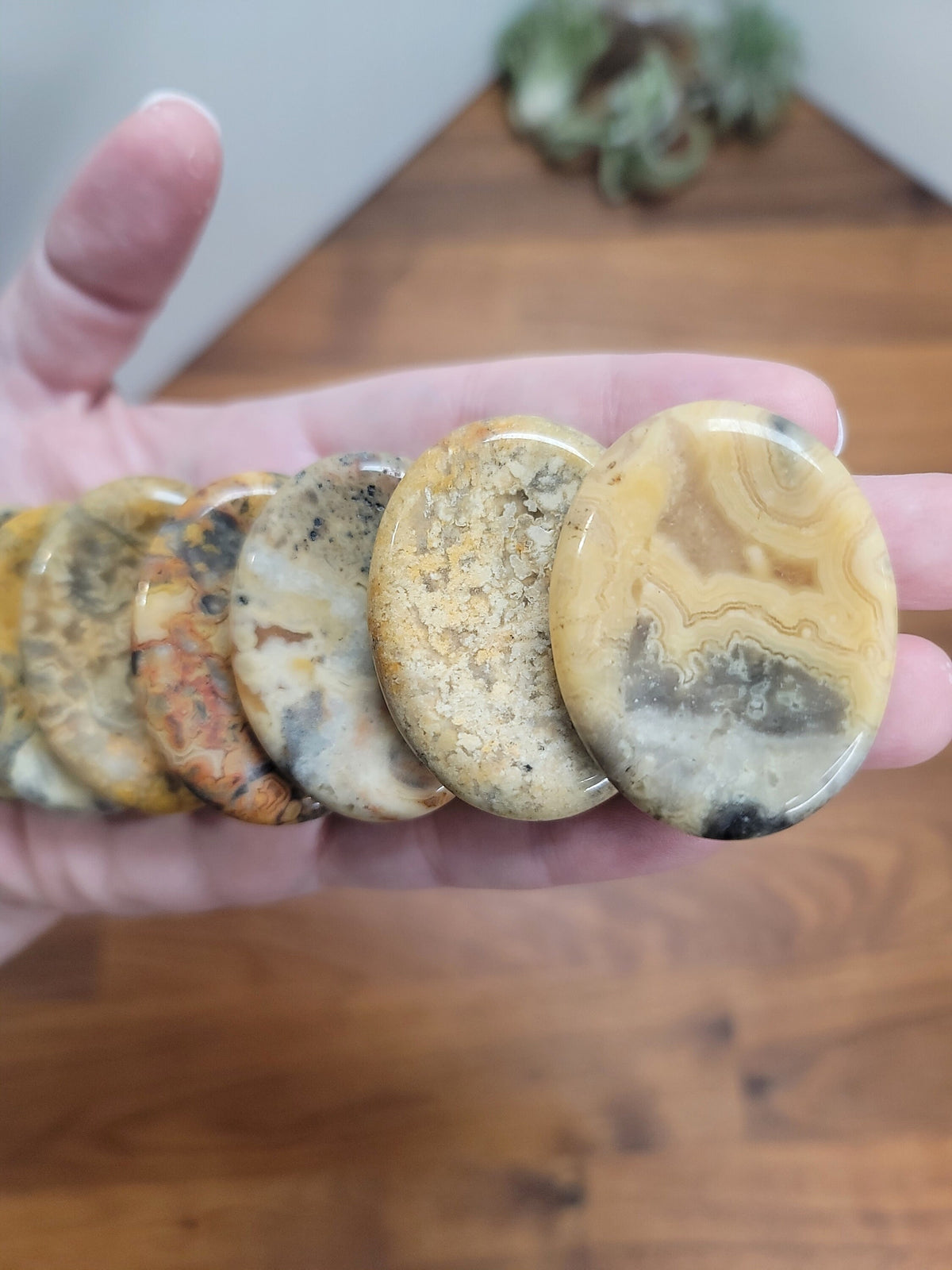 Yellow Crazy Lace Worry Stone: Marbled Pocket Crystal, ADHD Fidget (1.77")