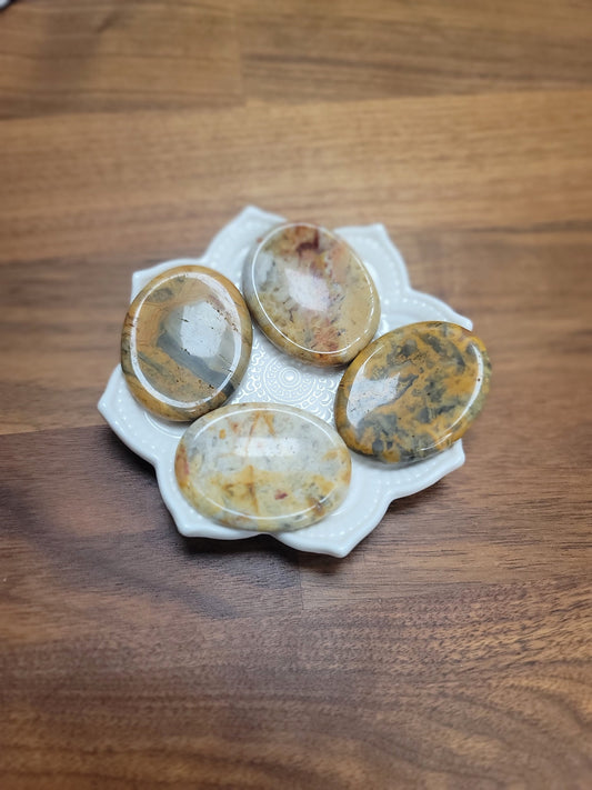 Yellow Crazy Lace Worry Stone: Marbled Pocket Crystal, ADHD Fidget (1.77")