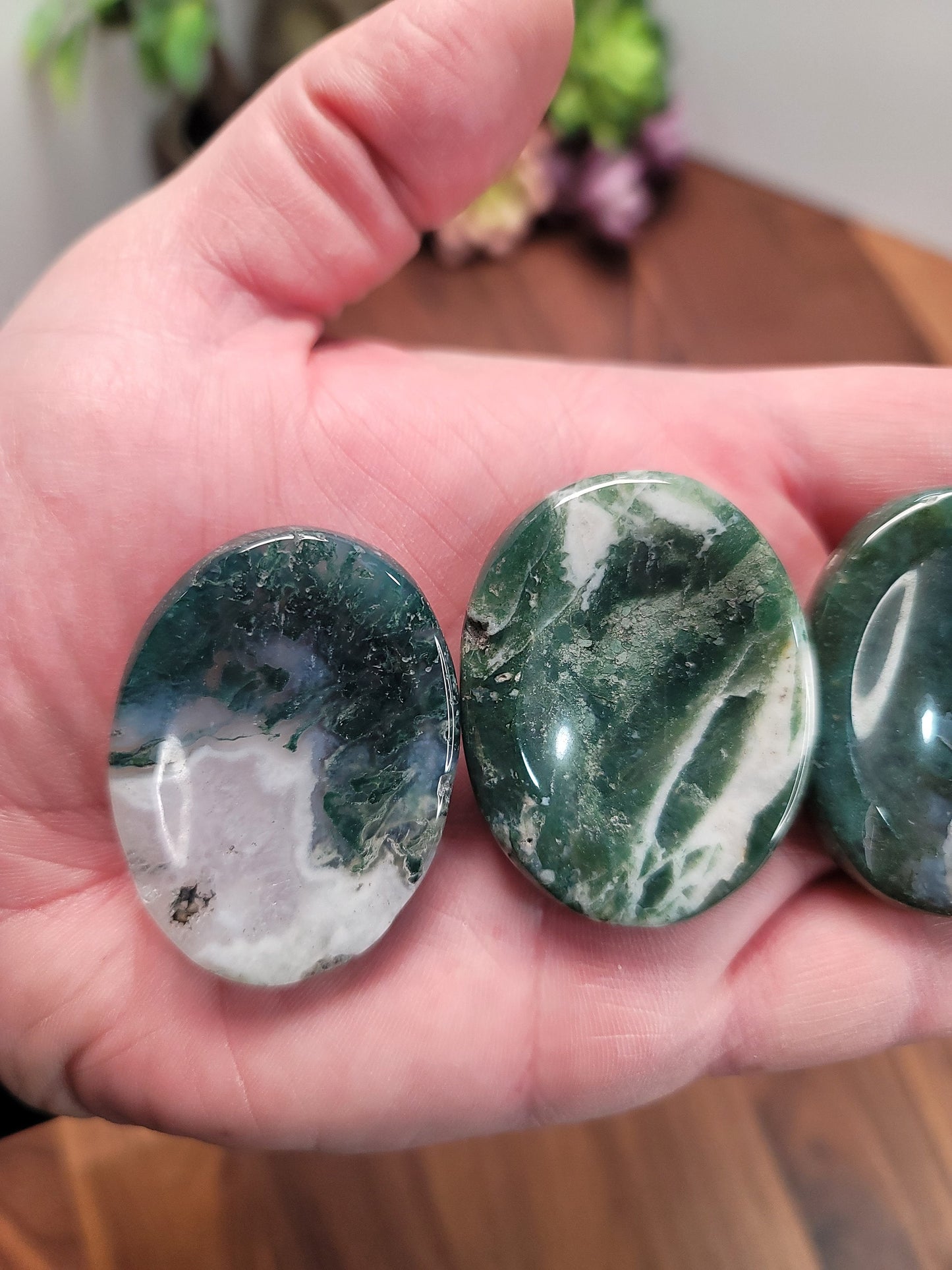 Chunky Green Moss Agate Worry Stone: Pocket Fidget Crystal (50 MM)