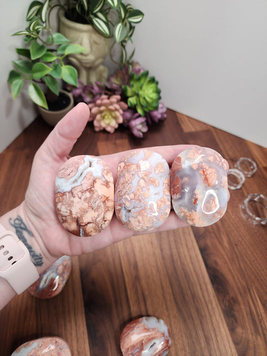 Pink Flower Agate Palm Stone (64 MM): ADHD Fidget Pocket Crystal