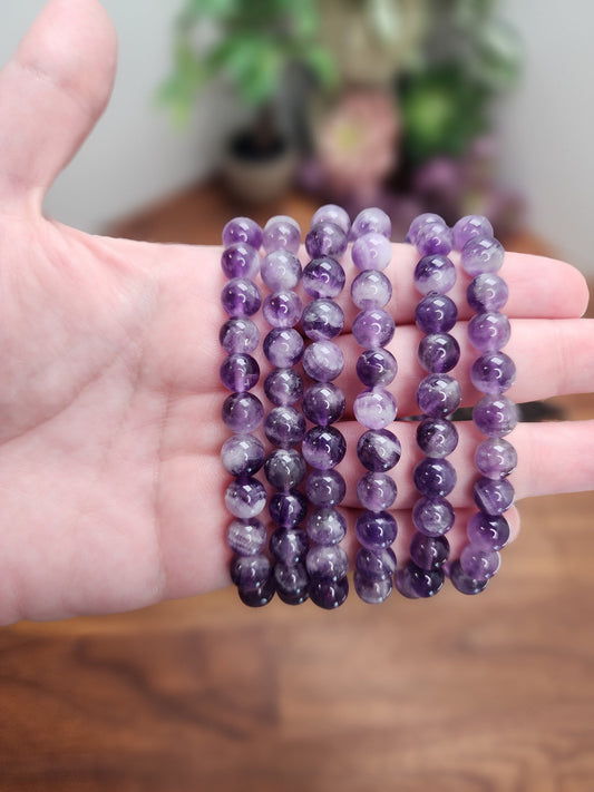 Dream Amethyst Bracelet: 8MM Natural Purple Crystal Beads, Some with Chevron Mountain | Dainty for smaller 6" wrist | Lilac Clear Quartz