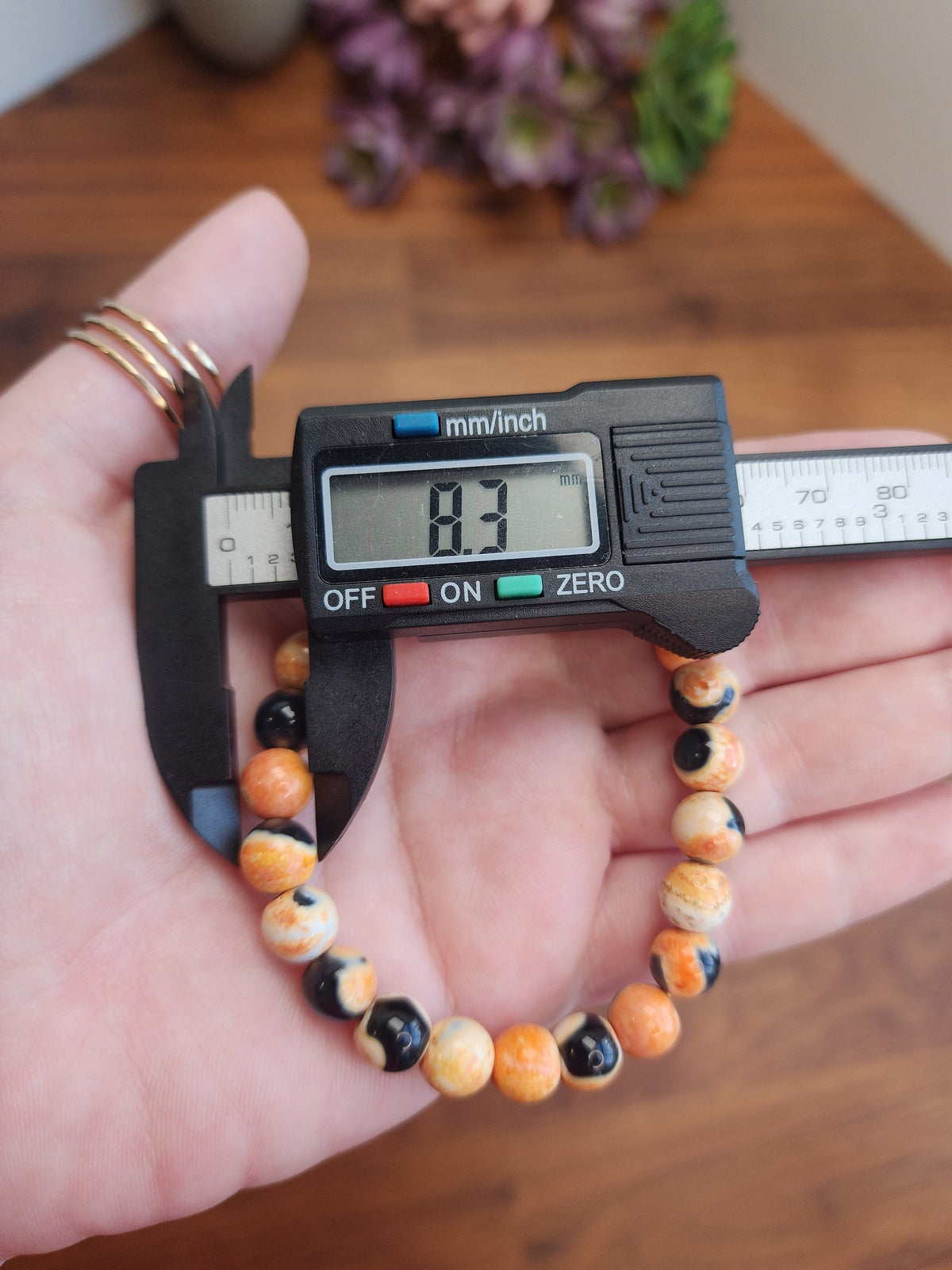 Orange Dream Black Agate Crystal Bracelet | 8MM Agalmatolite Beads | Orange, Black, White | Halloween Jewelry for Spooky Season & Summerween