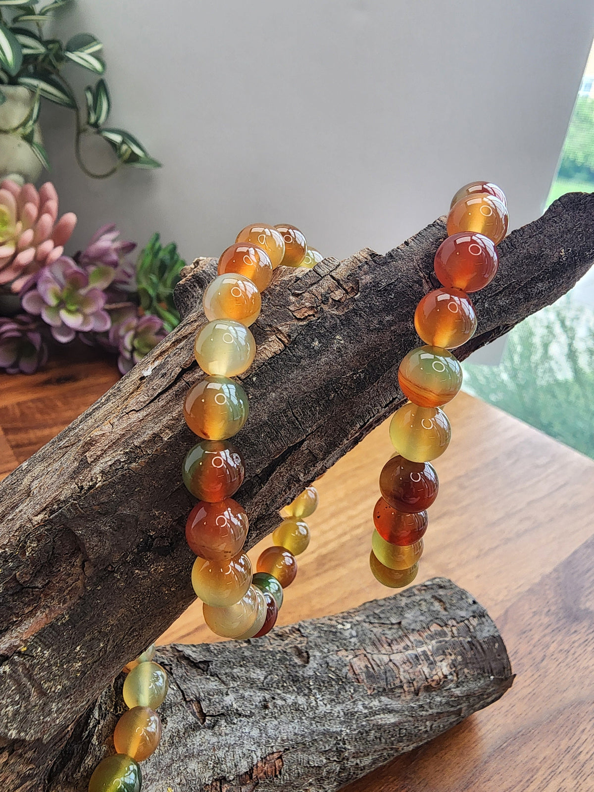 Peacock Agate Bracelet: Banded Crystal Beads, Earthy Autumn Jewelry
