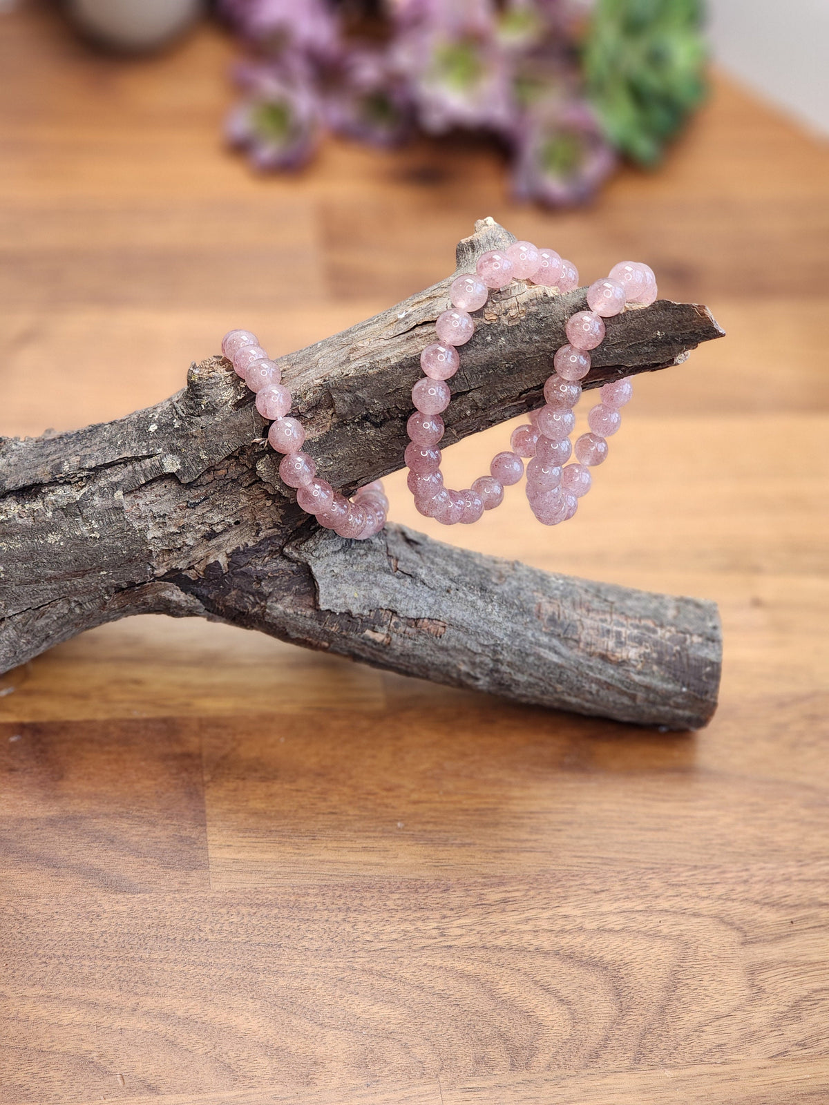 Lavendar Strawberry Quartz Bracelet: 8MM Purple-ish Pink-ish Red-ish Crystal Beads | Fun Easter Basket gift for kids | Valentine or Mom Day