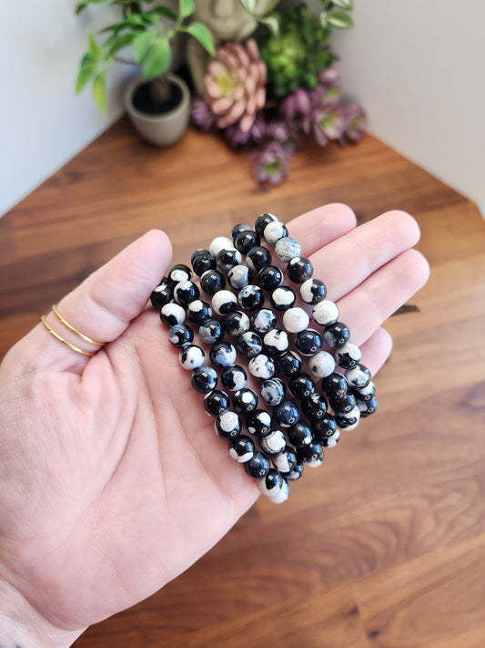 Black Orca Agate Bracelet: 8MM Dark Blue Black Crystal Beads with White Agate Bubbles & Orbs | Some Banding | Great gift ot offer strength