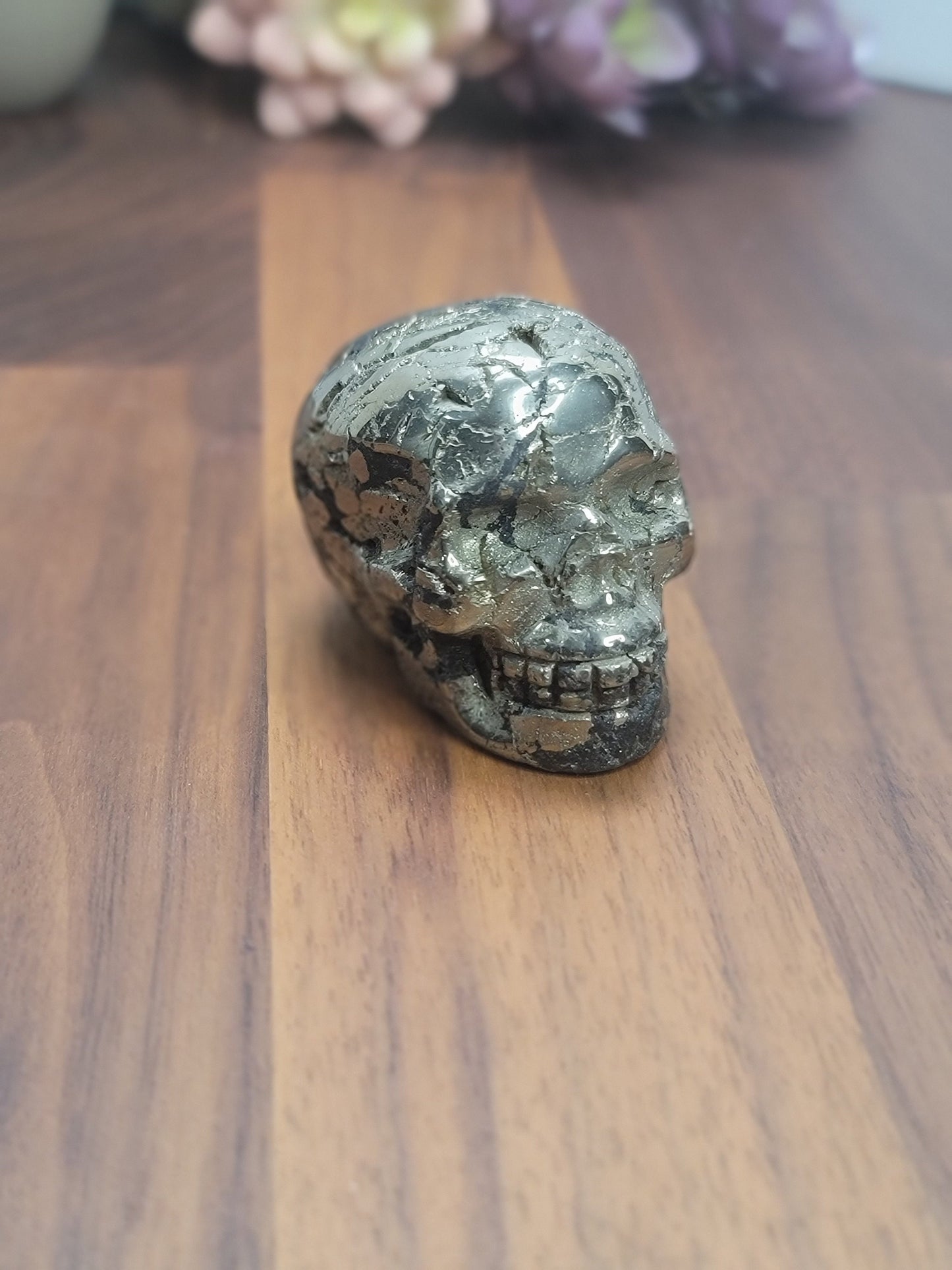 Crackle Pyrite Skulls | 2.3" Crystal Carvings | Gold Spooky Season decor | Scary Halloween Village Ideas | Prosperity Gifts for Manifesting