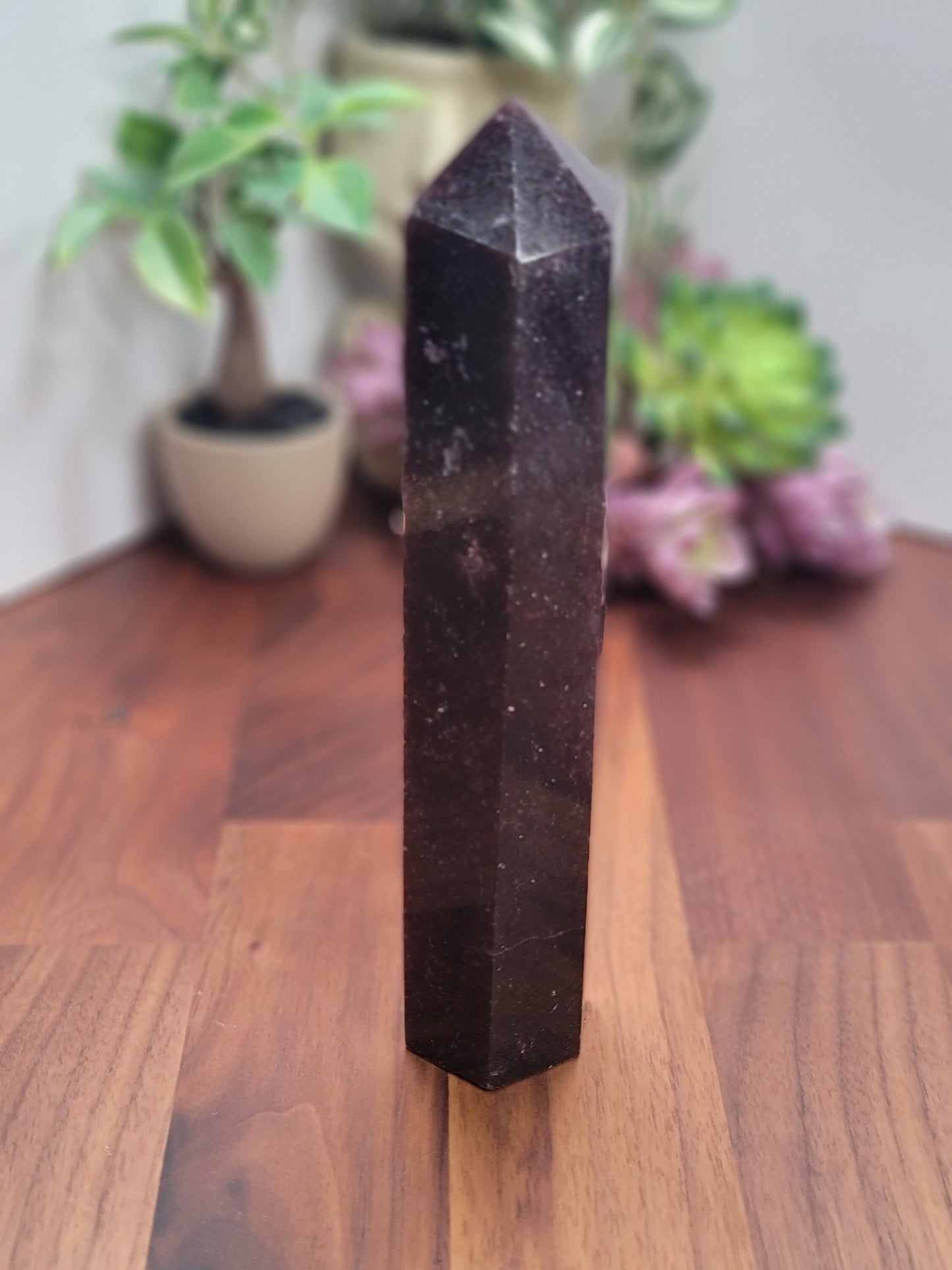 Unicorn Stone Tower | Cecelia (C) | 7.5 inch | XL | Lepidolite, Pink Tourmaline & Smokey Quartz Crystal Point | Dark Purple | Galaxy Stone