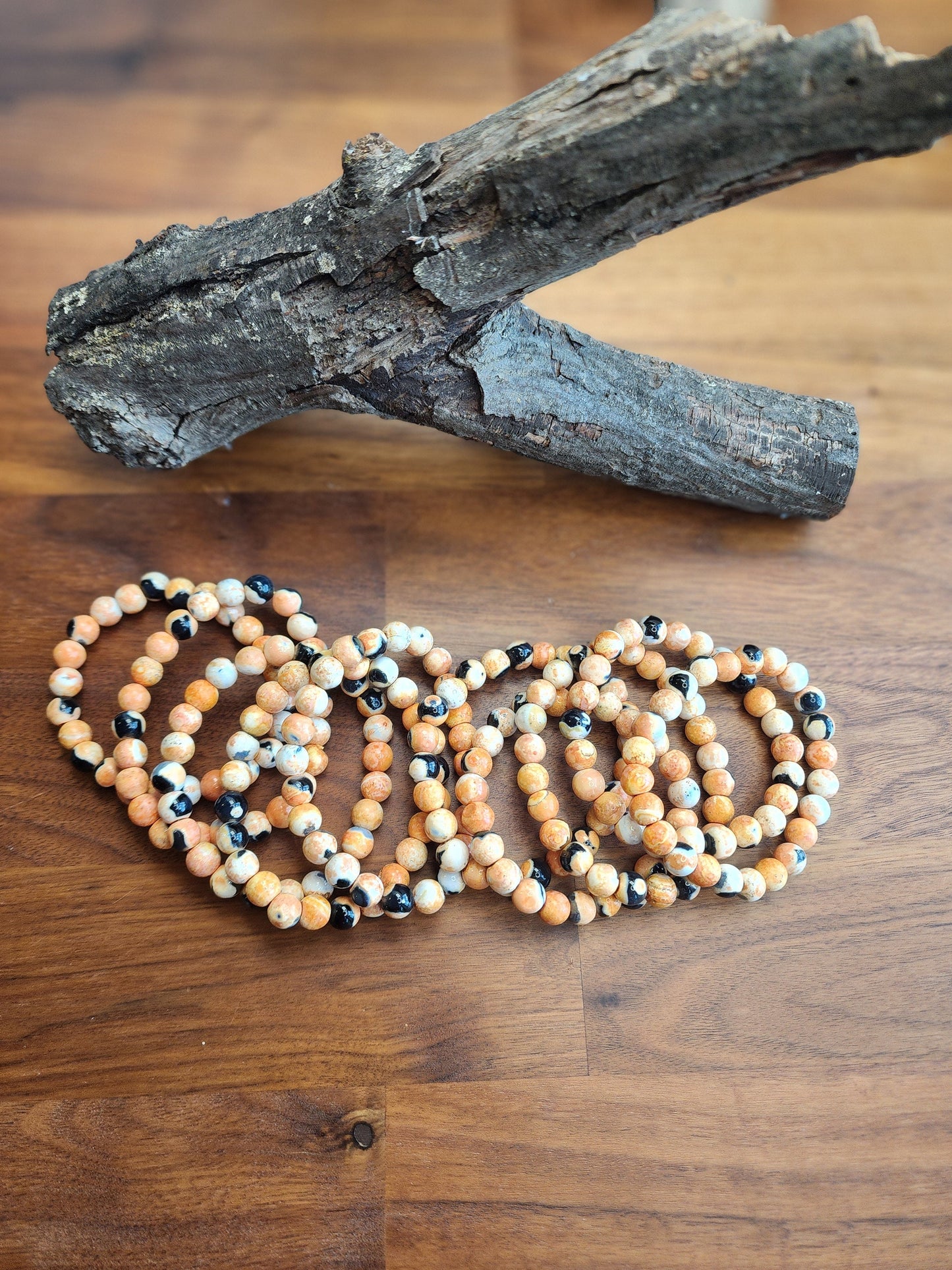 Orange Dream Black Agate Crystal Bracelet | 8MM Agalmatolite Beads | Orange, Black, White | Halloween Jewelry for Spooky Season & Summerween
