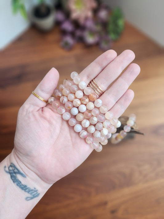 Flower Agate Bracelet: 8MM Crystal beads in peachy pink hues with Blossom Inclusions | Spring or Easter | Summer Garden Outfit Idea