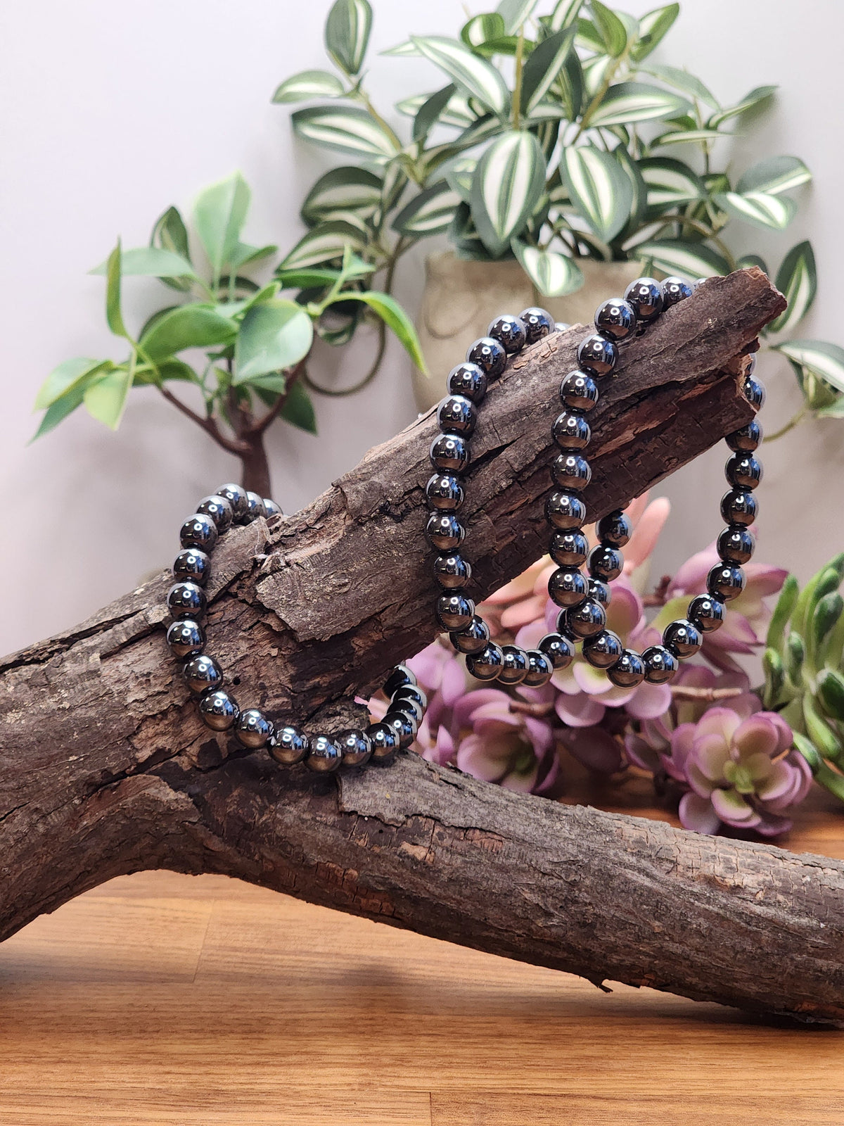 Hematite Crystal Bracelet: 8MM Tera Hertz Beads | Shiny Silver Metallic Gray and Black | Grounding Stone for Iron Warrior Energy