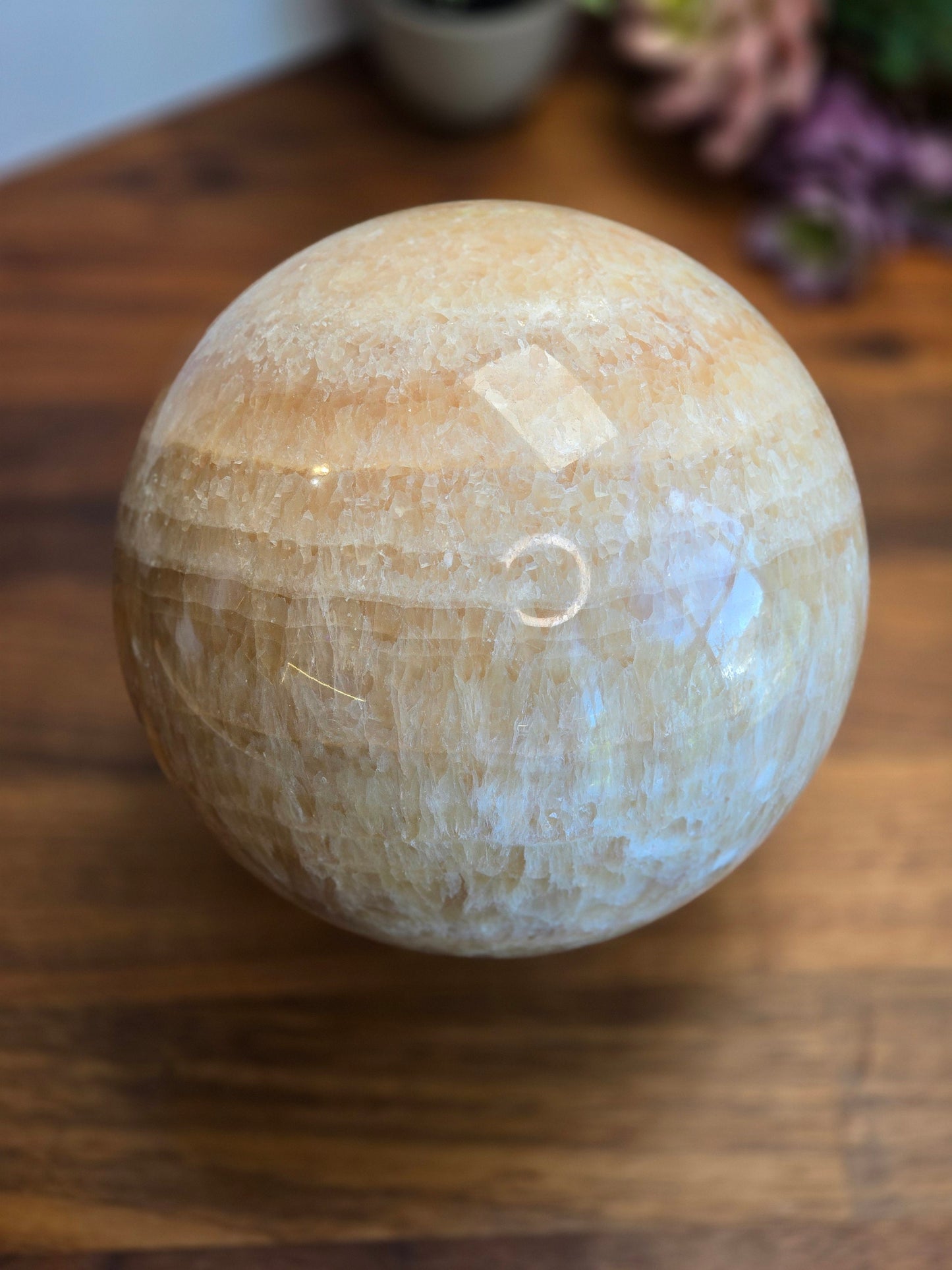 Massive Orange Calcite Crystal Sphere | Ophelia | Sparkling White Banded & Patterned Ball for Earthy Orange Fall Decor | 6' (148 MM) | Rare