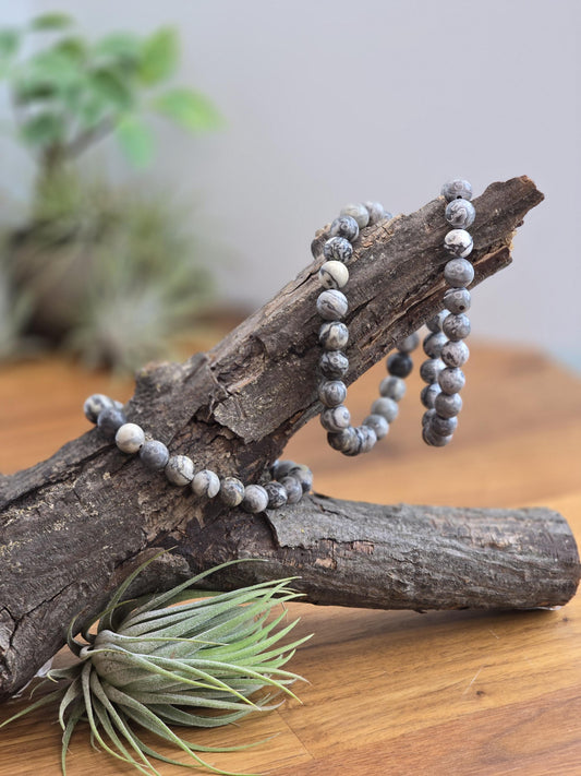 Gray Picasso Jasper Crystal Bracelet, Marbled Beads (8mm Stretch)