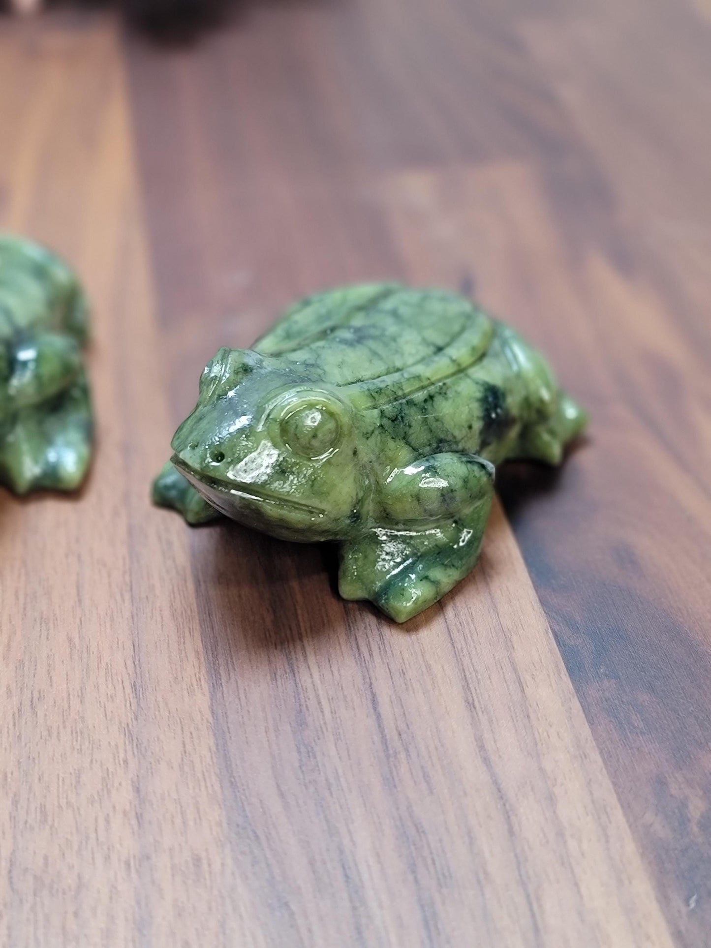 Green Jade Crystal Frog | Rainforest Amphibian Carving | 3 Inches | Deep Hunter and Sage Patterns | Toad Cottagecore | Intuitively Chosen