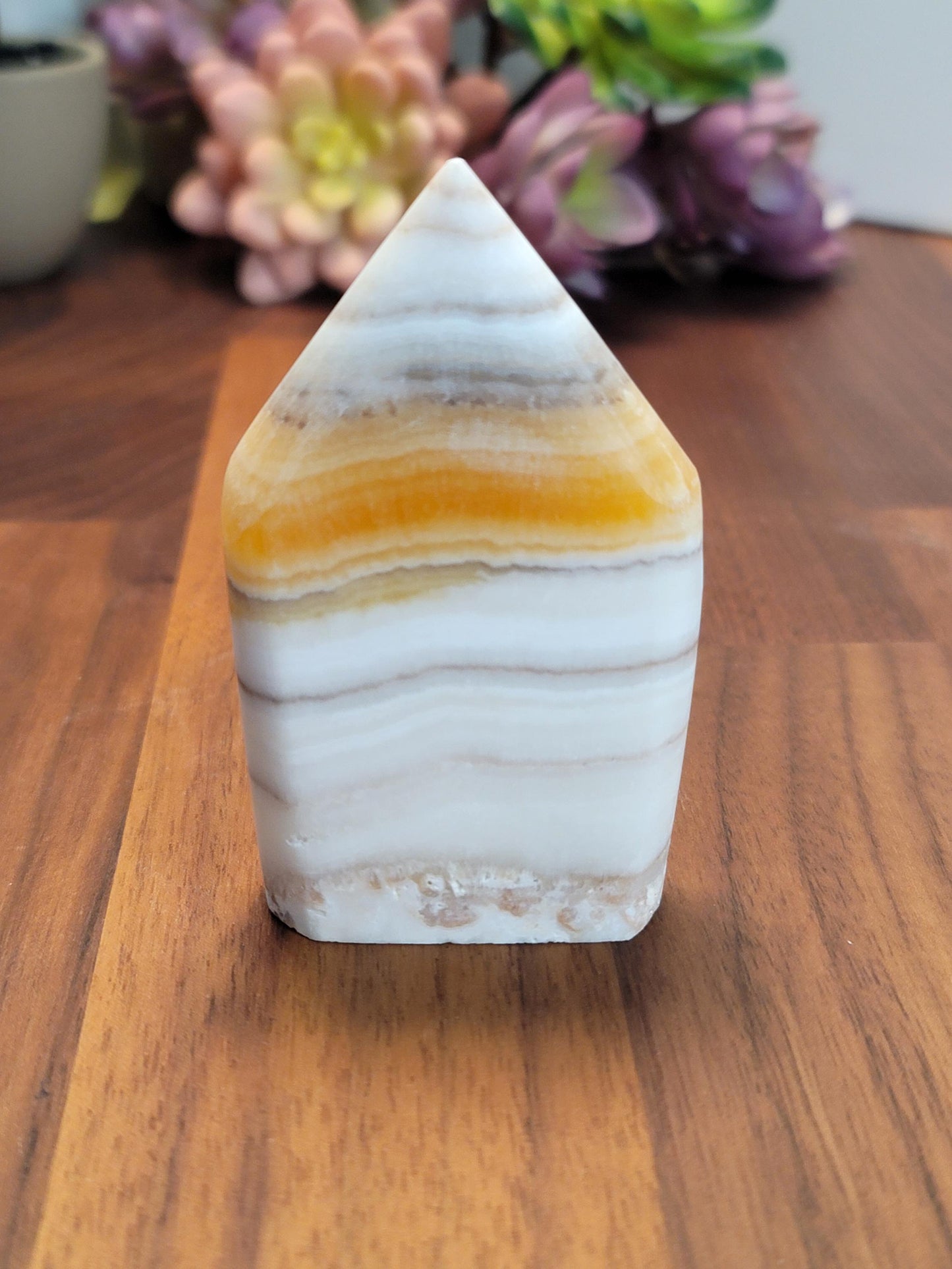 Candy Corn Crystal | Little Luna | Yellow Banded Calcite Freeform | White Banded Flame | 3.25" | Orange Crystal Point | Fall & Winter Decor