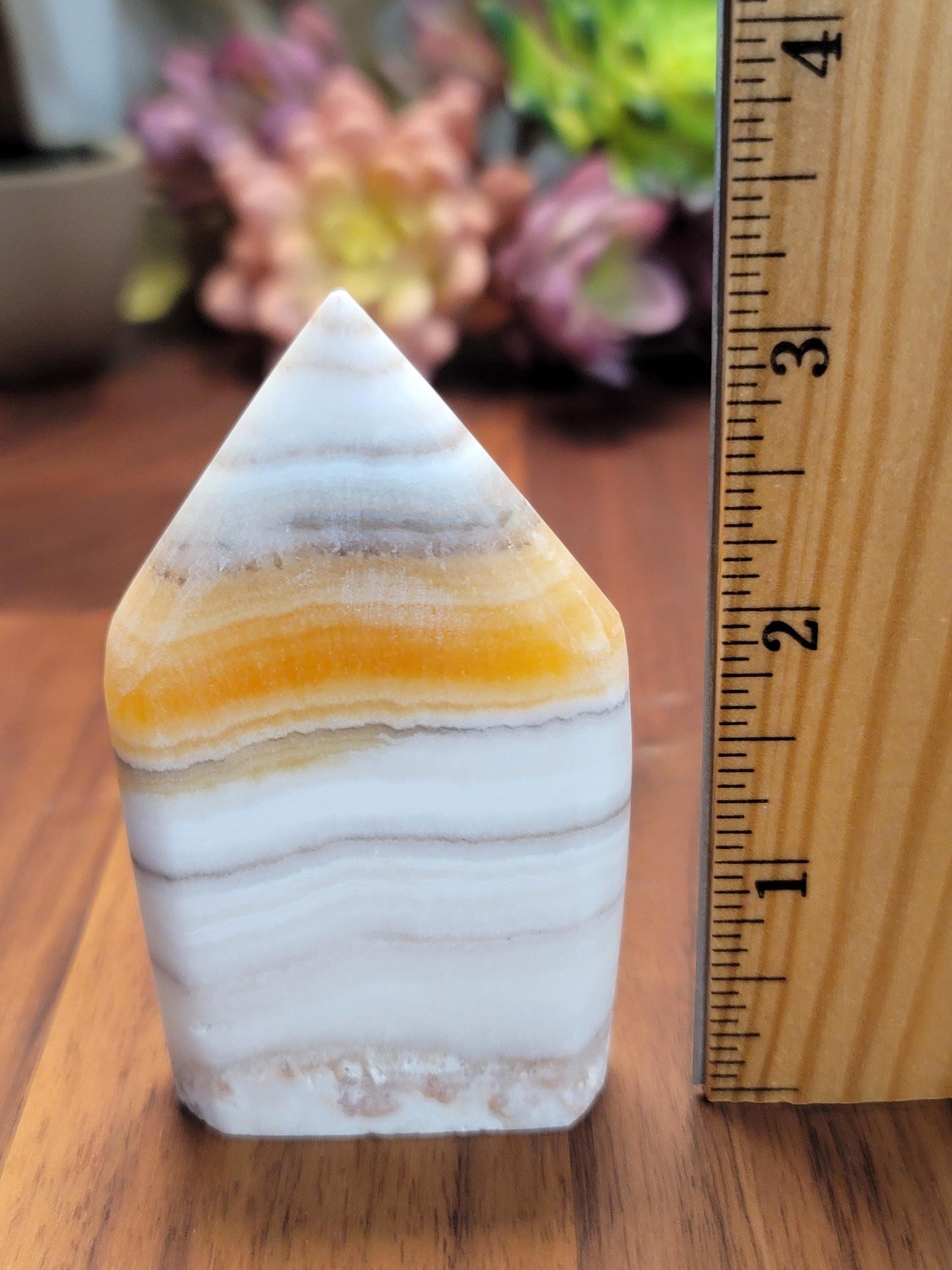Candy Corn Crystal | Little Luna | Yellow Banded Calcite Freeform | White Banded Flame | 3.25" | Orange Crystal Point | Fall & Winter Decor