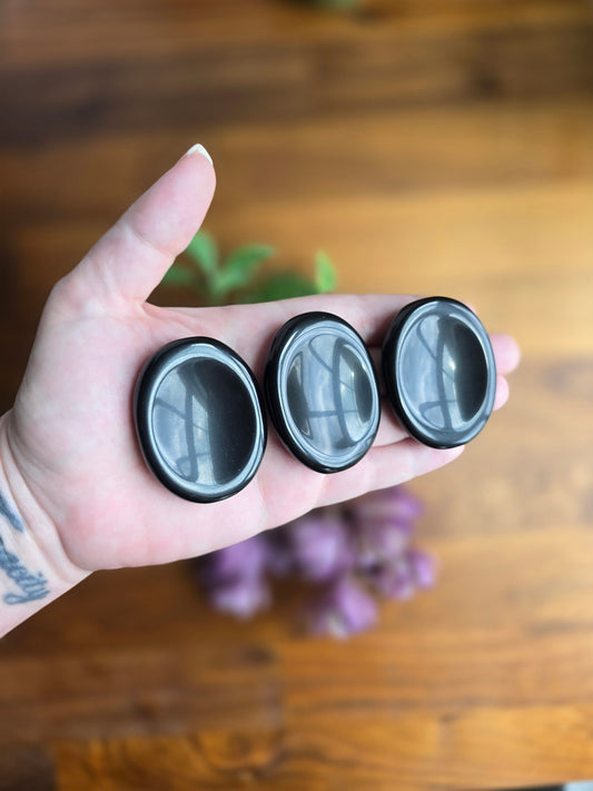 Black Obsidian Worry Stone: Silver Sheen Pocket Crystal, ADHD Fidget