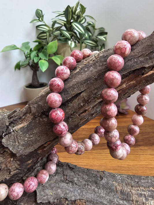 Pink Fossil Coral Bracelet: 8MM Red Chrysanthemum Crystal Beads | Maifanite Stone | Unique Pink Snowflake Llanite | Rare Jewelry Gift Idea