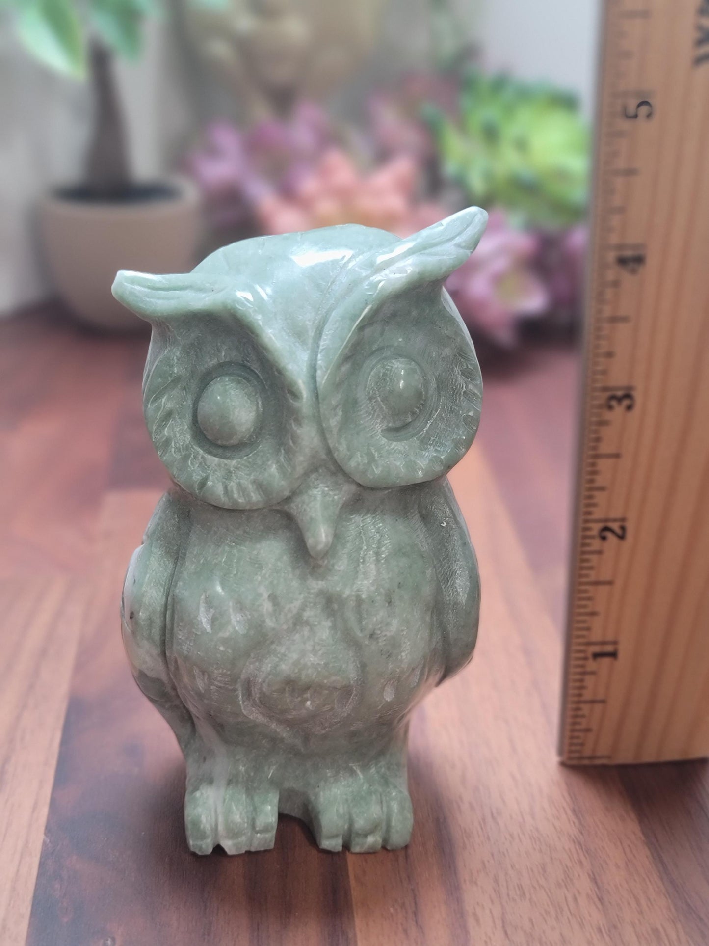 Green Jade Crystal Owl | Courtney | 4" | Large Carving in Sage Green & White Patterns | Wise Old Barn Owl | Green Kids Room Decor